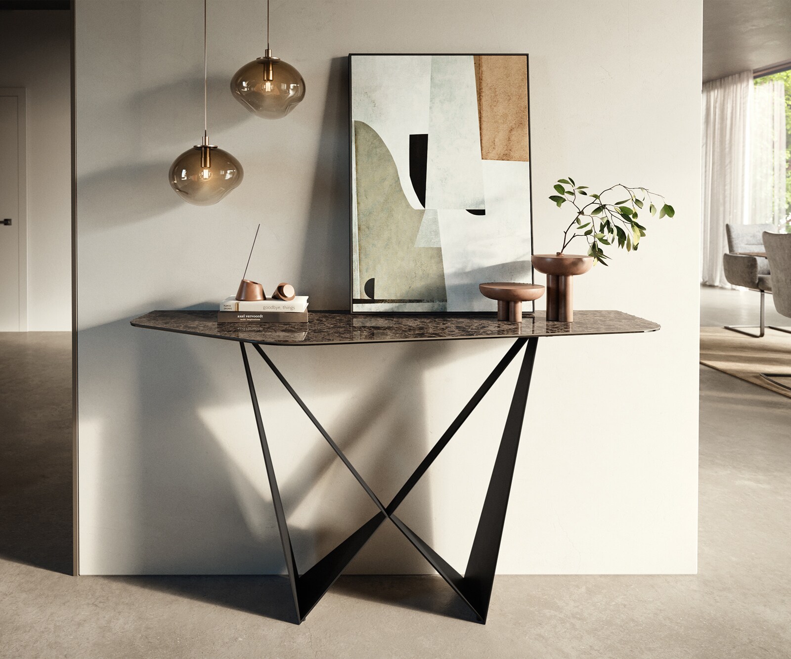 Konsolentisch Edge Polygonal 140x50 cm Keramik Emperador Extra Lucidato Dunkelbraun Spios Metall Schwarz 1