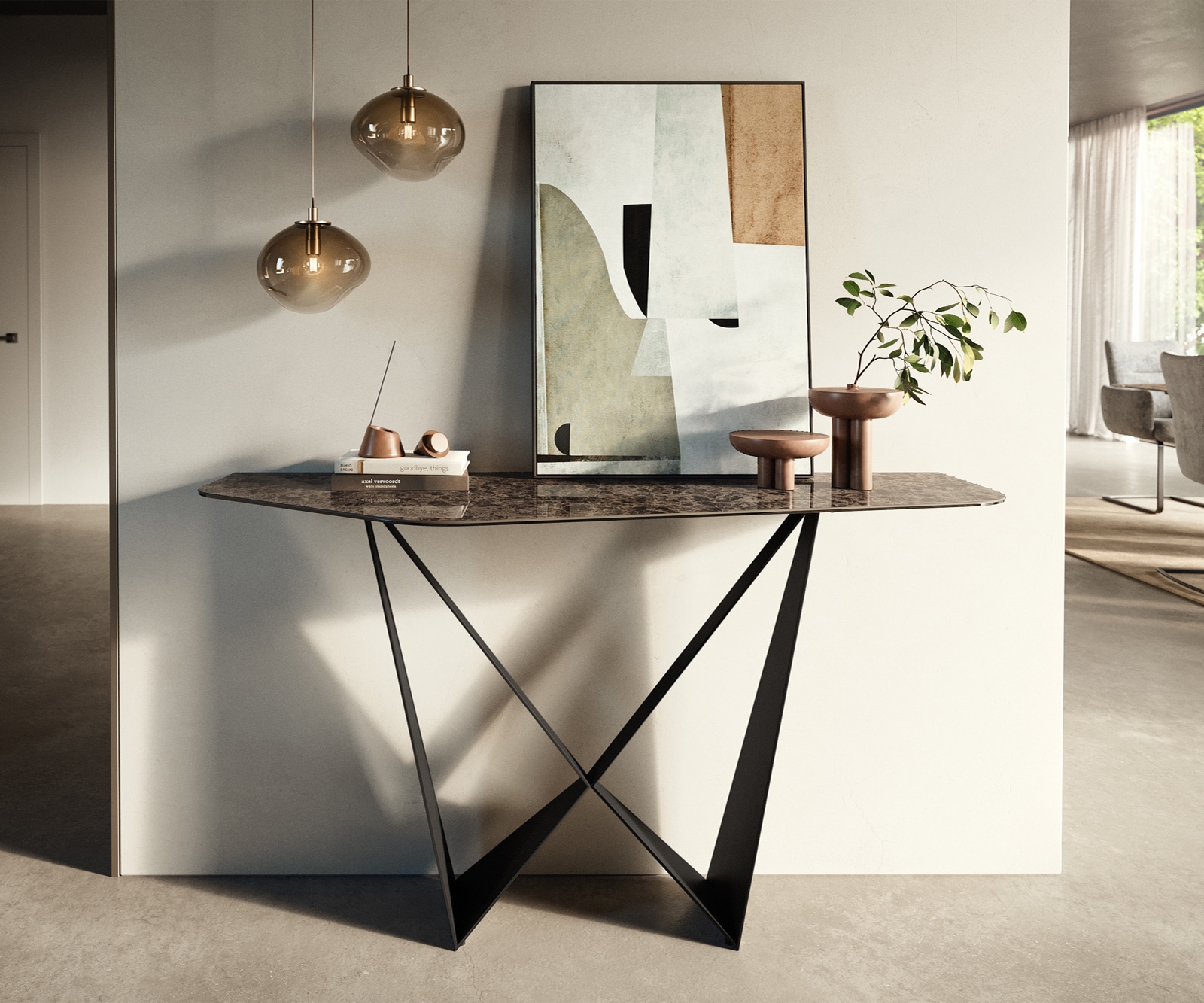 Konsolentisch Edge Polygonal 140x50 cm Keramik Emperador Extra Lucidato Dunkelbraun Spios Metall Schwarz