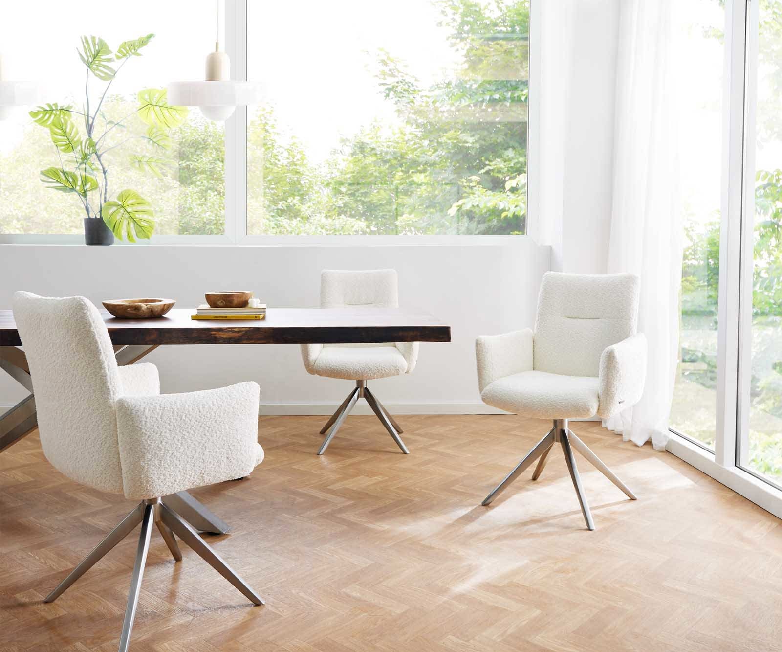 Drehstuhl Jova-Flex mit Armlehnen Bouclé Weiß Kreuzgestell breit Edelstahl 360° drehbar Taschenfederkern 5 Drehstuhl Jova-Flex mit Armlehnen Bouclé Weiß Kreuzgestell breit Edelstahl 360° drehbar Taschenfederkern 5