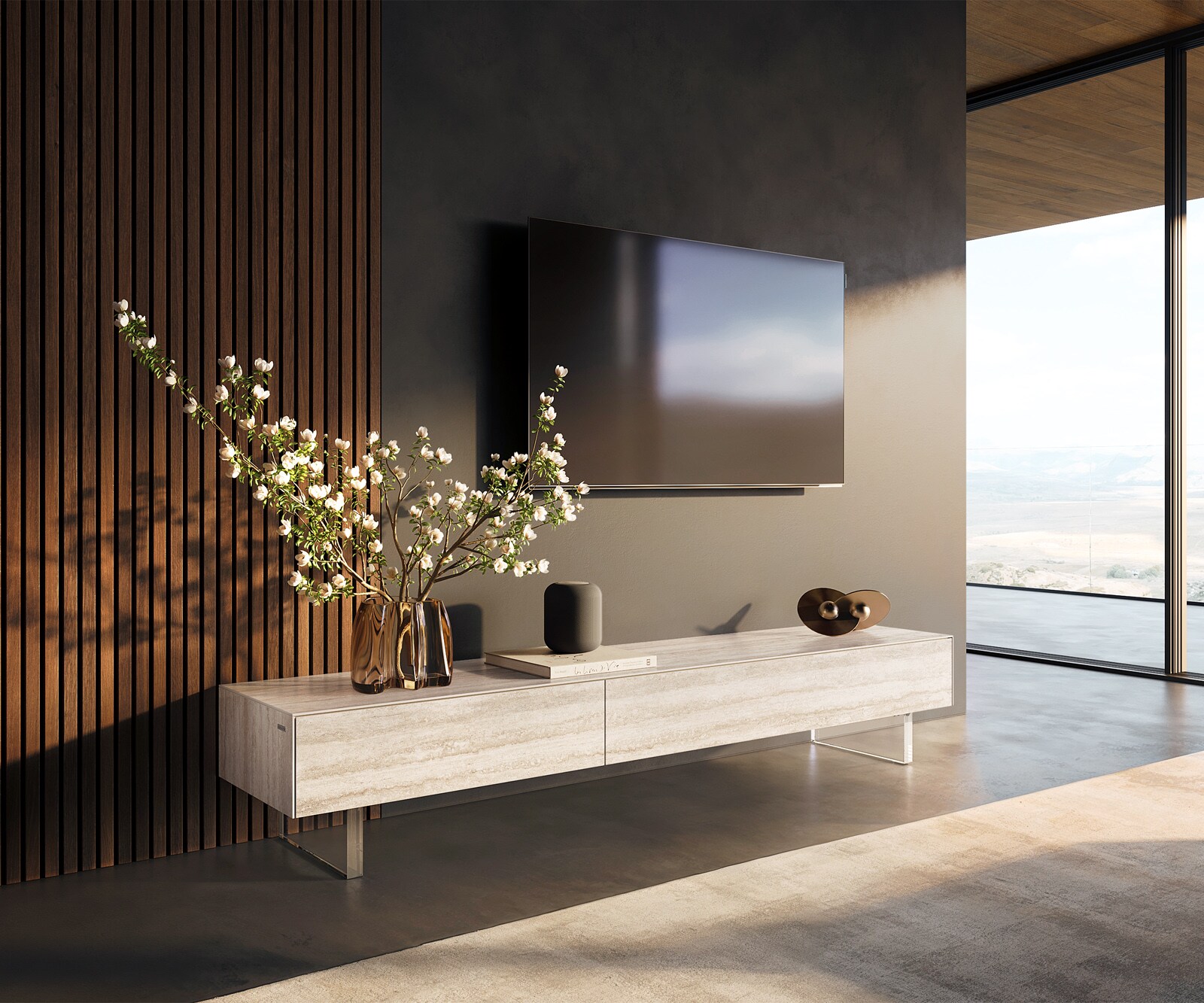 Lowboard Cuor 200 cm Keramik Laminam® Travertino Bianco Creme-Weiß 1 Klappe 1 Schubfach Fuß Schwebeoptik Acrylglas