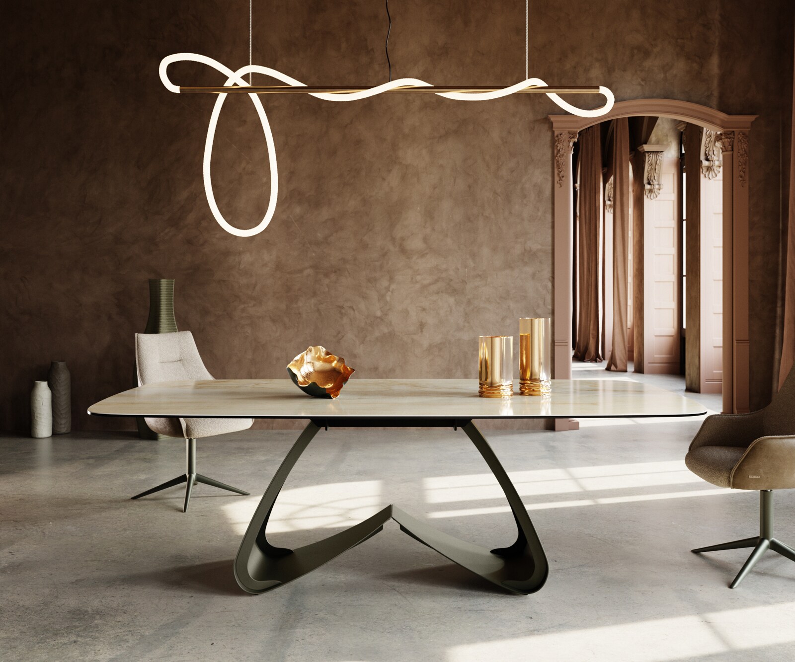 Esstisch Edge Boot 240x120 cm Keramik Iris FMG Onice Oro W-Gestell Metall Effektfinish Titan 2