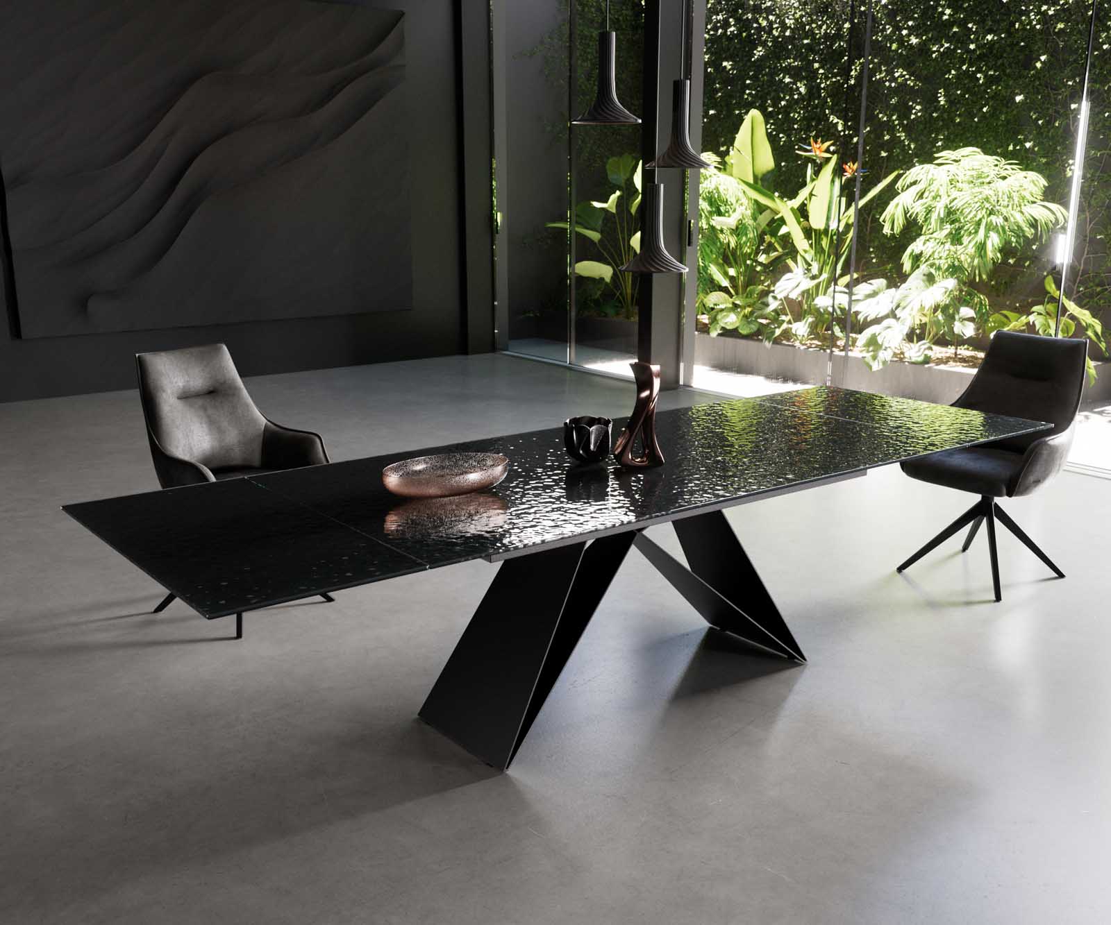 Esstisch Edge 200-300x100 Reliefglas Rauchschwarz 3D-Design V-Gestell Flachstahl Schwarz ausziehbar Esstisch Edge 200-300x100 Reliefglas Rauchschwarz 3D-Design V-Gestell Flachstahl Schwarz ausziehbar