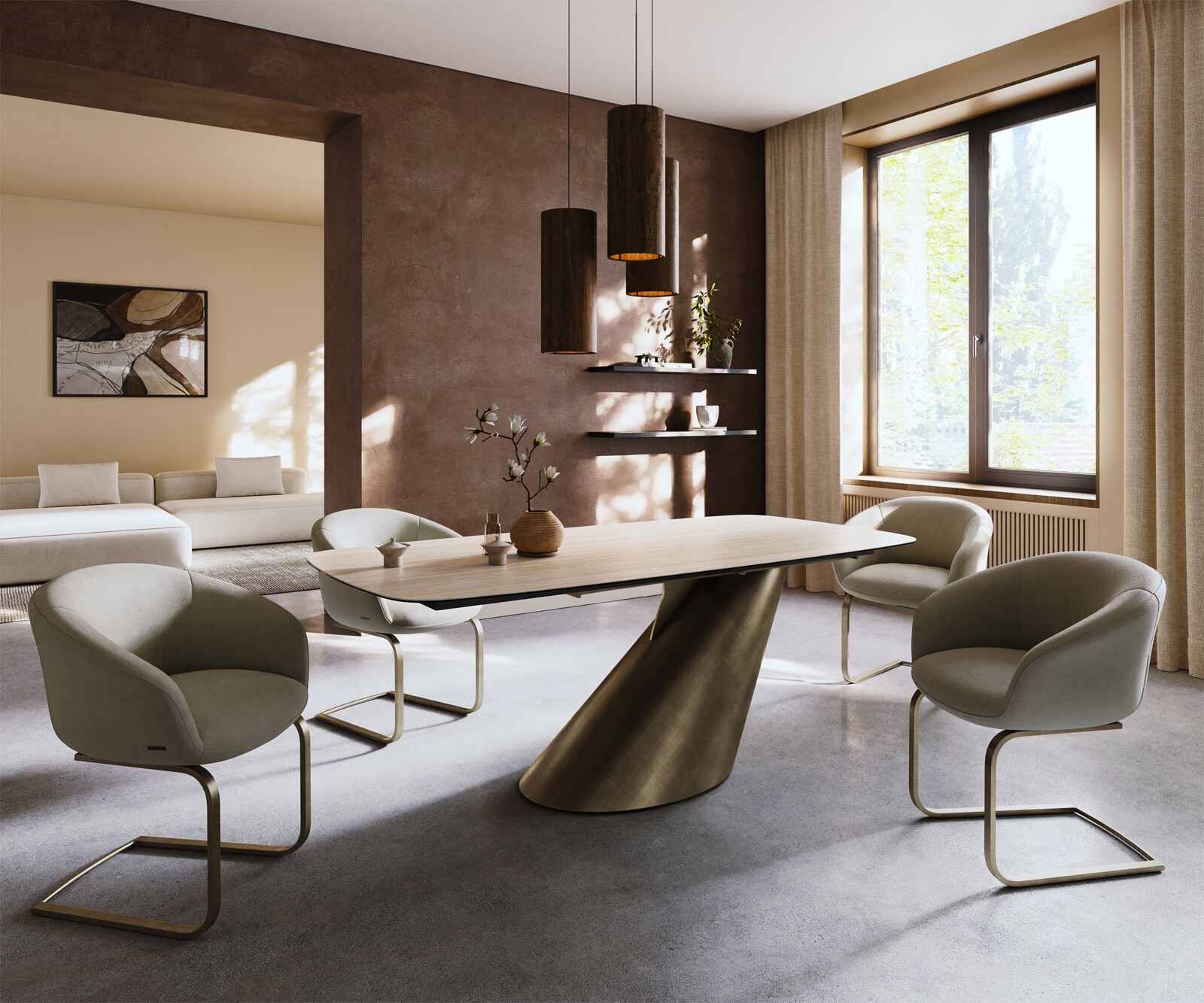 Esstisch Edge Boot 200x100 Keramik Laminam® Travertino Bianco Creme-Weiß Cono Metallic Gold 6