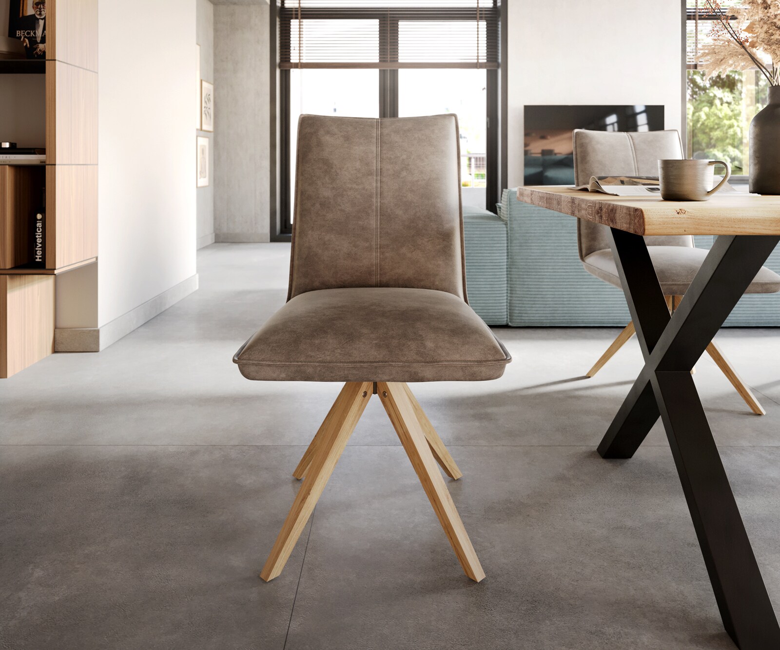 Esszimmerstuhl Lelio-Flex Mikrofaser Taupe Vintage Holzgestell kantig Natur Taschenfederkern 1