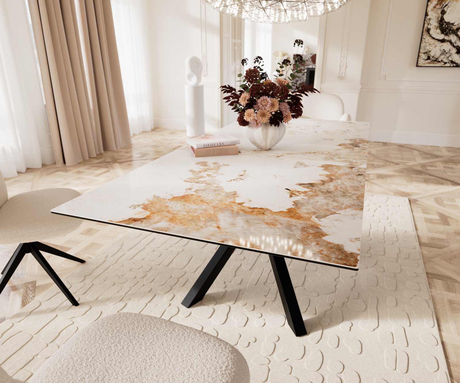 Esstisch Edge 180-220x100 Keramik Minas Melange Weiß-Beige Kreuzgestell Rechteck Schwarz ausziehbar 8