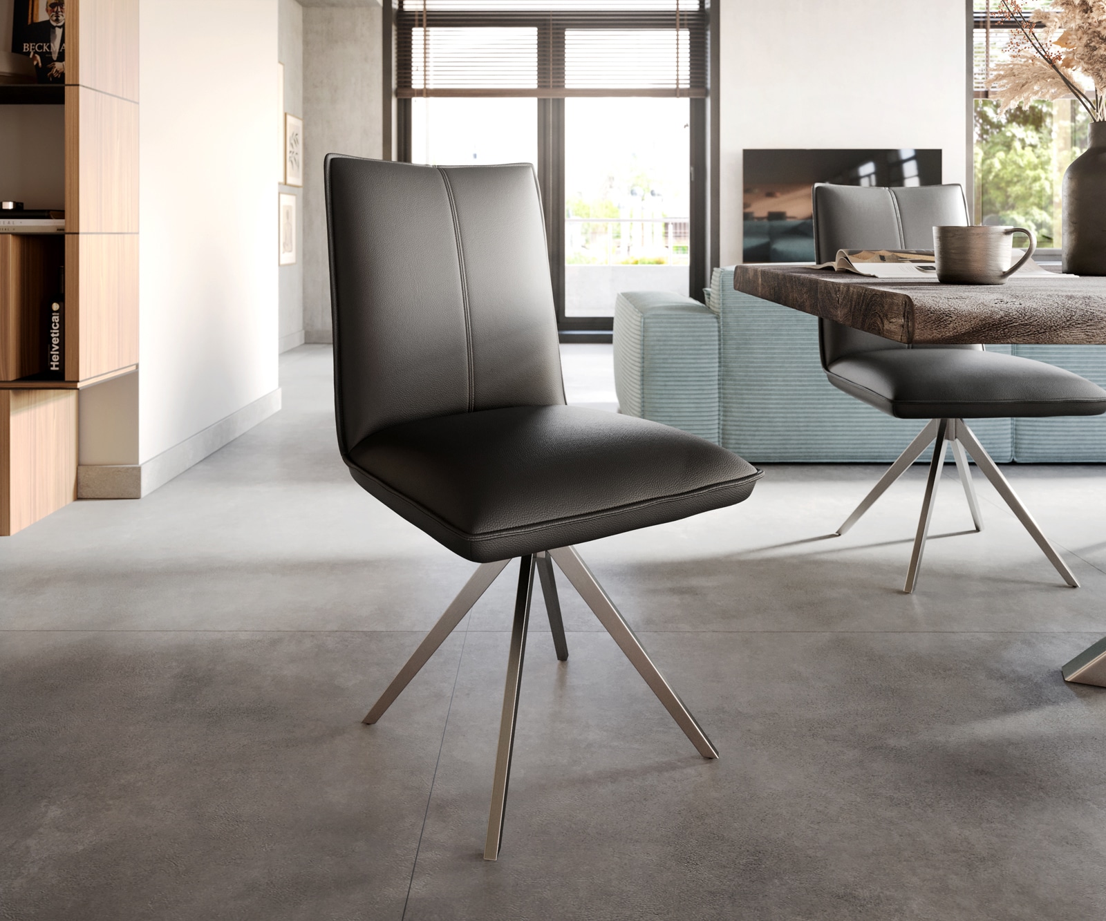 Esszimmerstuhl Lelio-Flex Echt-Leder Schwarz Kreuzgestell breit Edelstahl Taschenfederkern Esszimmerstuhl Lelio-Flex Echt-Leder Schwarz Kreuzgestell breit Edelstahl Taschenfederkern