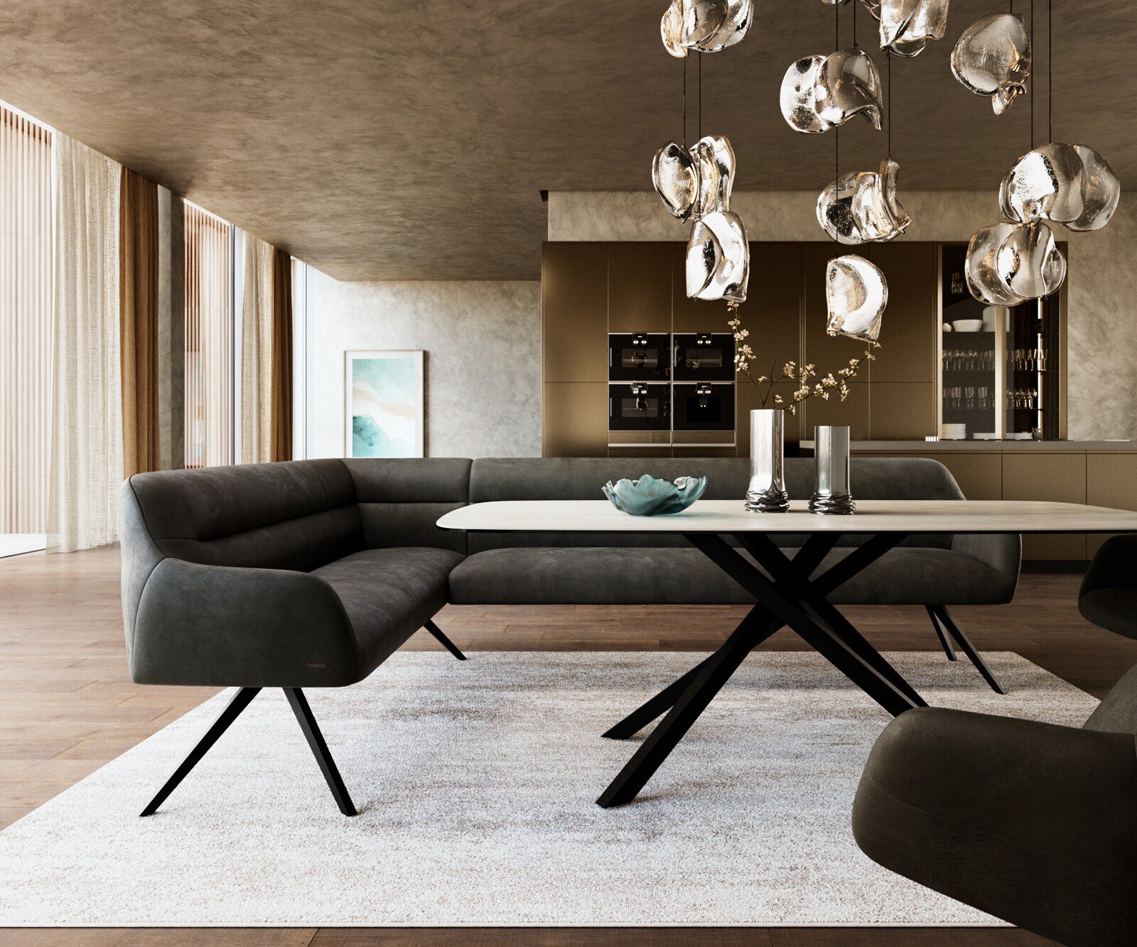 Esszimmerbank Taya-Flex 285x190 cm Mikrofaser Anthrazit Vintage Kreuzgestell kantig Schwarz Taschenfederkern Rechts 1