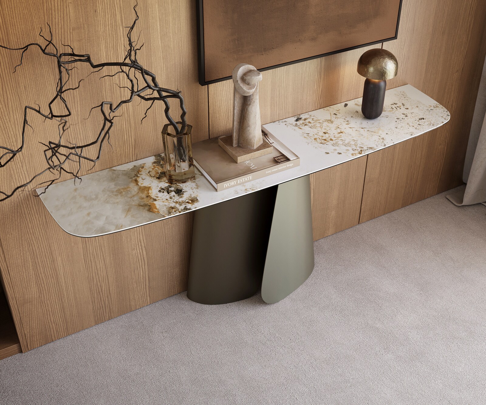 Konsolentisch Edge Boot 180x40 cm Keramik Minas Melange Weiß-Beige Livos Metall Effektfinish Titan 1