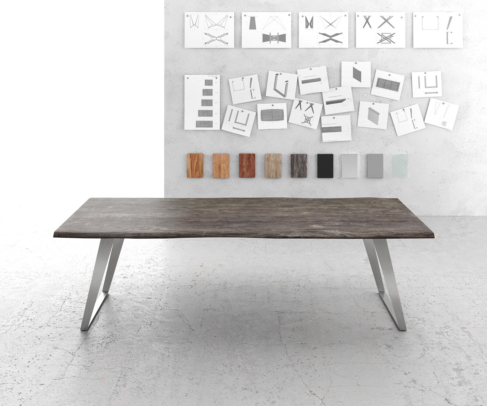 Esstisch Edge 260x100cm Akazie Platin Edelstahl Silber schräg Live-Edge 1
