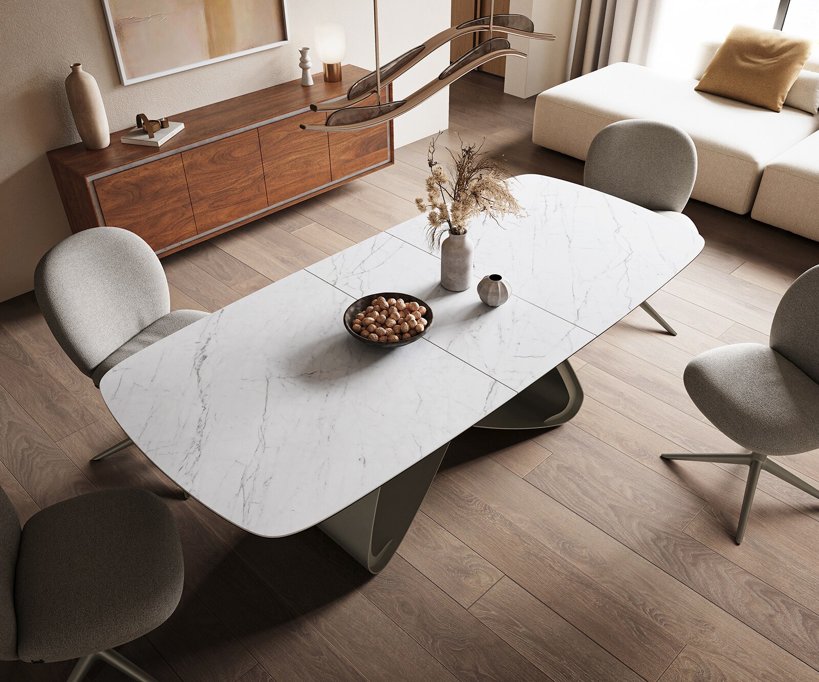Esstisch Edge Boot 180-220x100 cm Keramik Laminam® Statuarietto Weiß W-Gestell Metall Effektfinish Titan ausziehbar 4