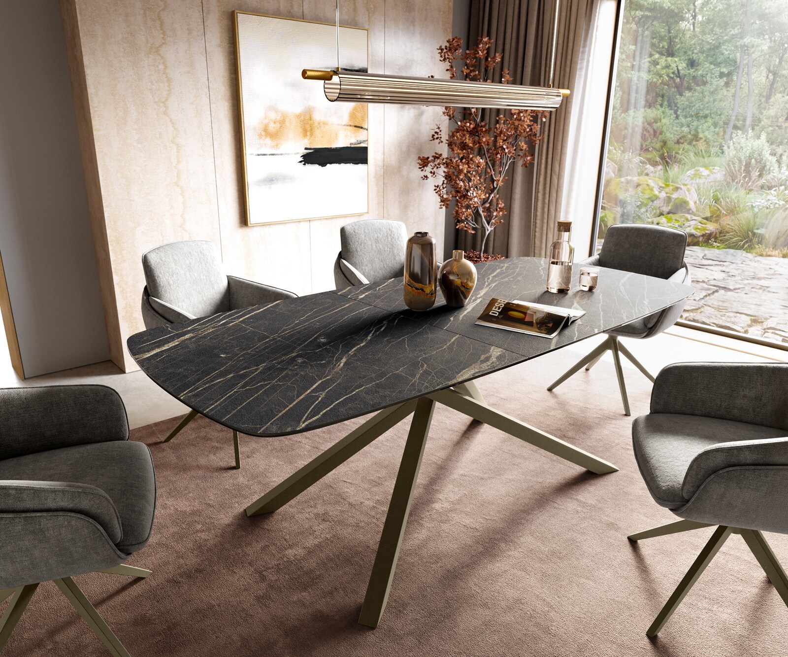 Esstisch Edge Boot 180-220x100 cm Laminam® Keramik Noir Desir Braun Kreuzgestell Rechteck Effektfinish Titan ausziehbar 1