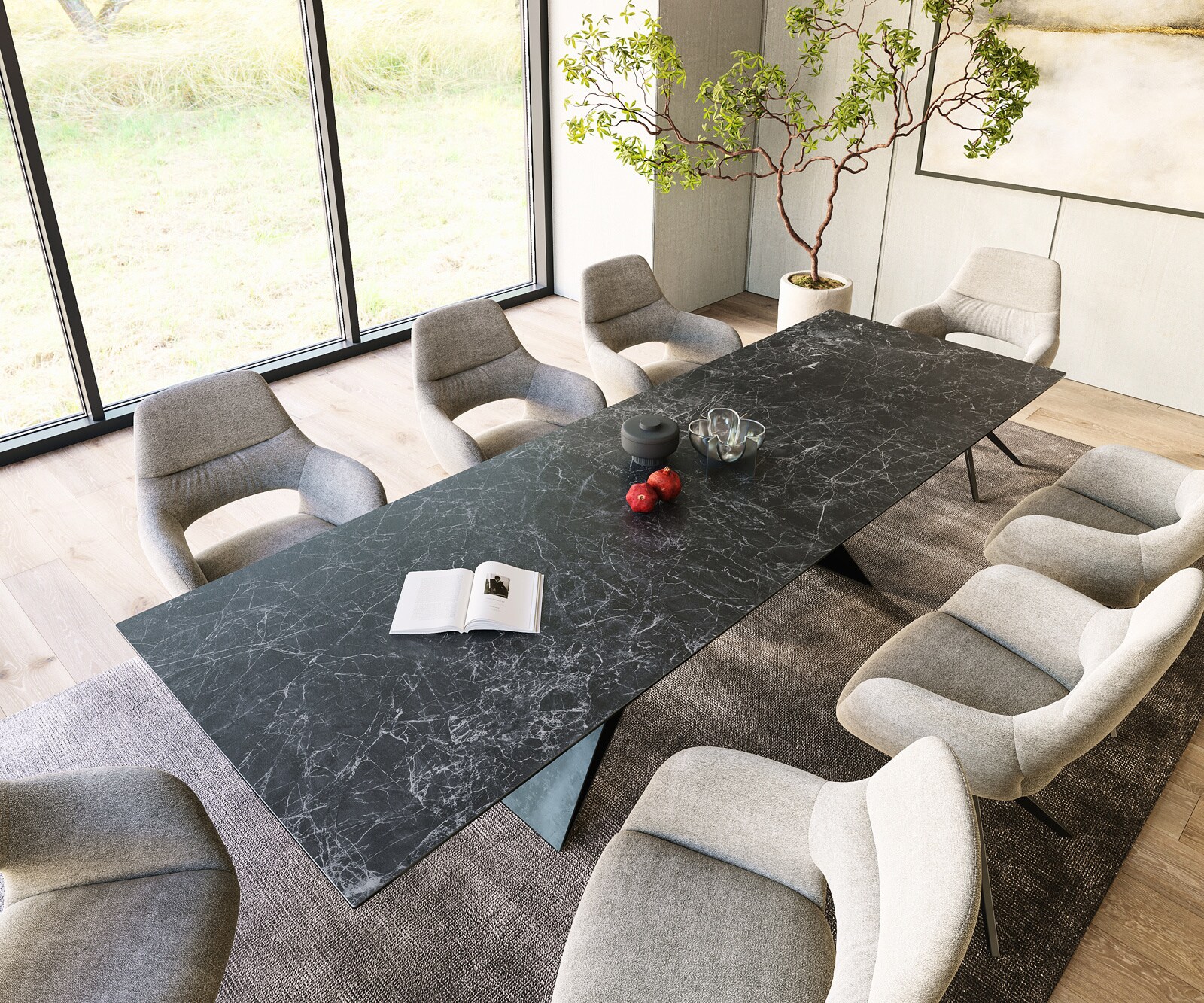Esstisch Edge 300x100cm Keramik Laminam®Nero Greco Anthrazit V-Mittelfuß Schwarz 3