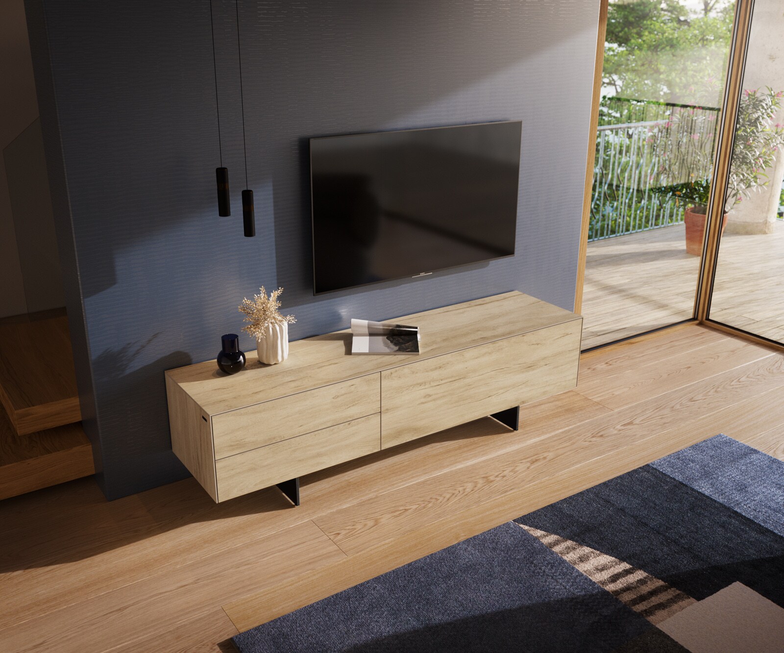 Lowboard Cuor 180 cm Keramik Laminam® Sabbia Eichefarbig 1 Klappe 2 Schubfächer Fuß Schwebeoptik Metall Schwarz 4