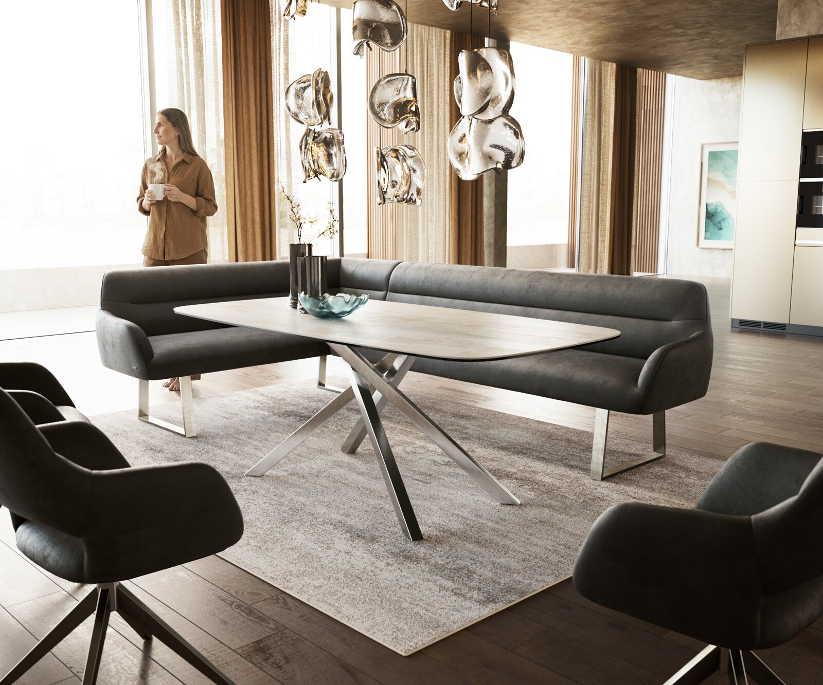 Esszimmerbank Taya-Flex 285x190 cm Mikrofaser Anthrazit Vintage Kufengestell kantig Edelstahl Taschenfederkern Rechts