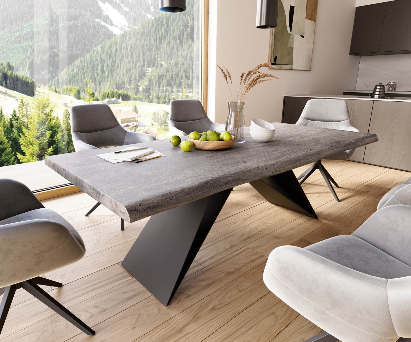 Esstisch Edge 220x100 XL Akazie Platin V-Gestell Flachstahl Schwarz Live-Edge 1