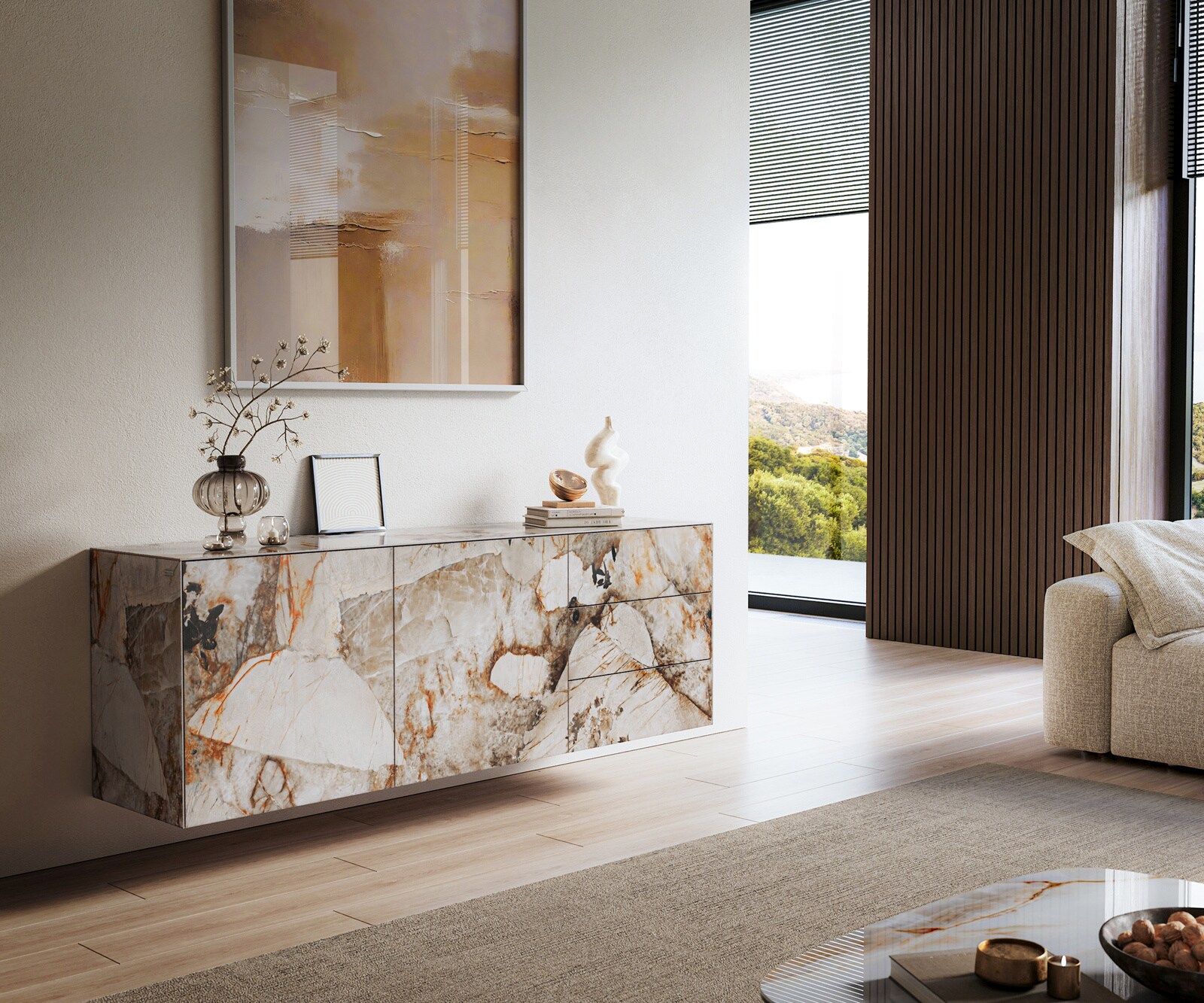 Sideboard Cuor 180 cm Keramik Patagonia Poliert 2 Türen 3 Schubfächer Schwebend 1