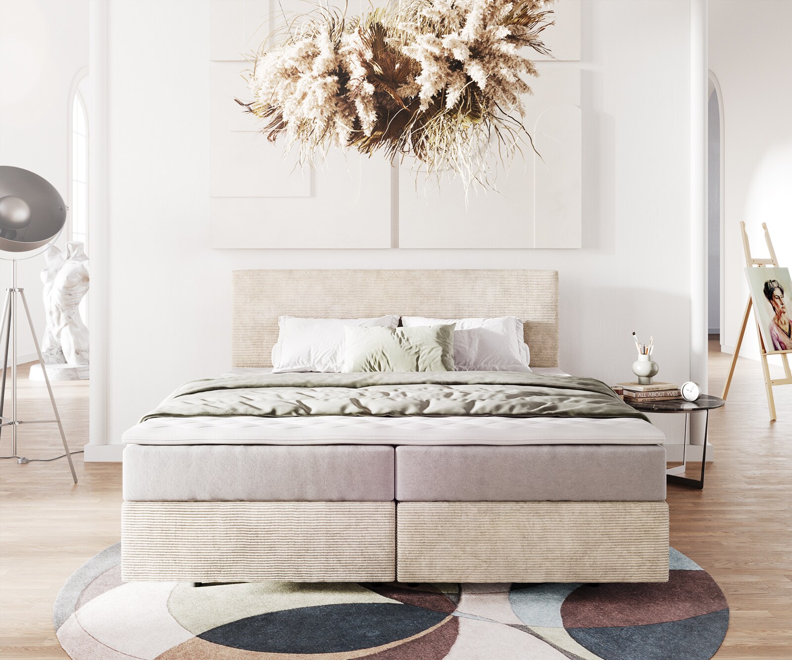Boxspringbett Dream-Well 180x200 cm Cord Beige mit Taschenfederkernmatratze und Topper Visco 1