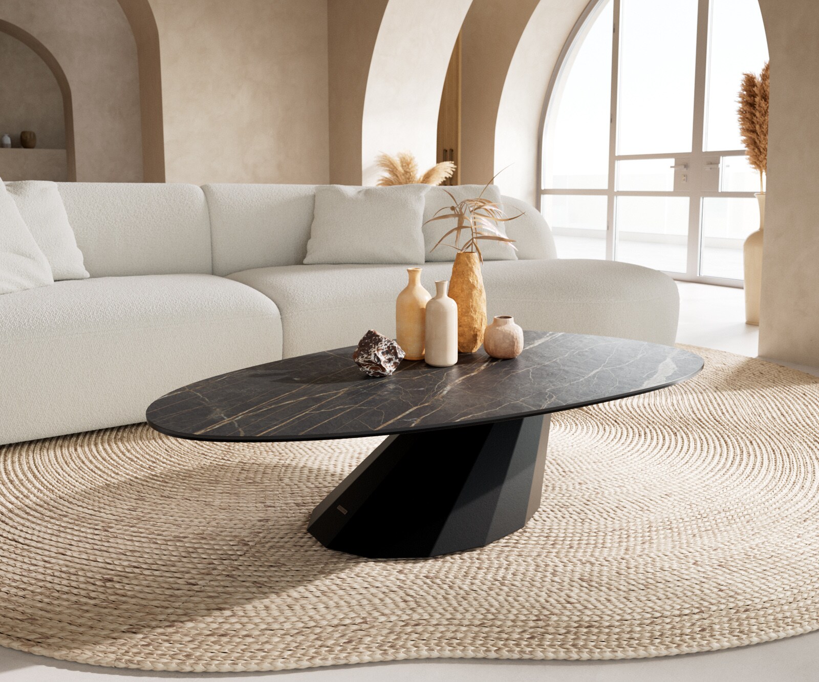 Couchtisch Edge Oval 140x75 cm Keramik Laminam® Noir Desir Braun Parabi Metall Schwarz