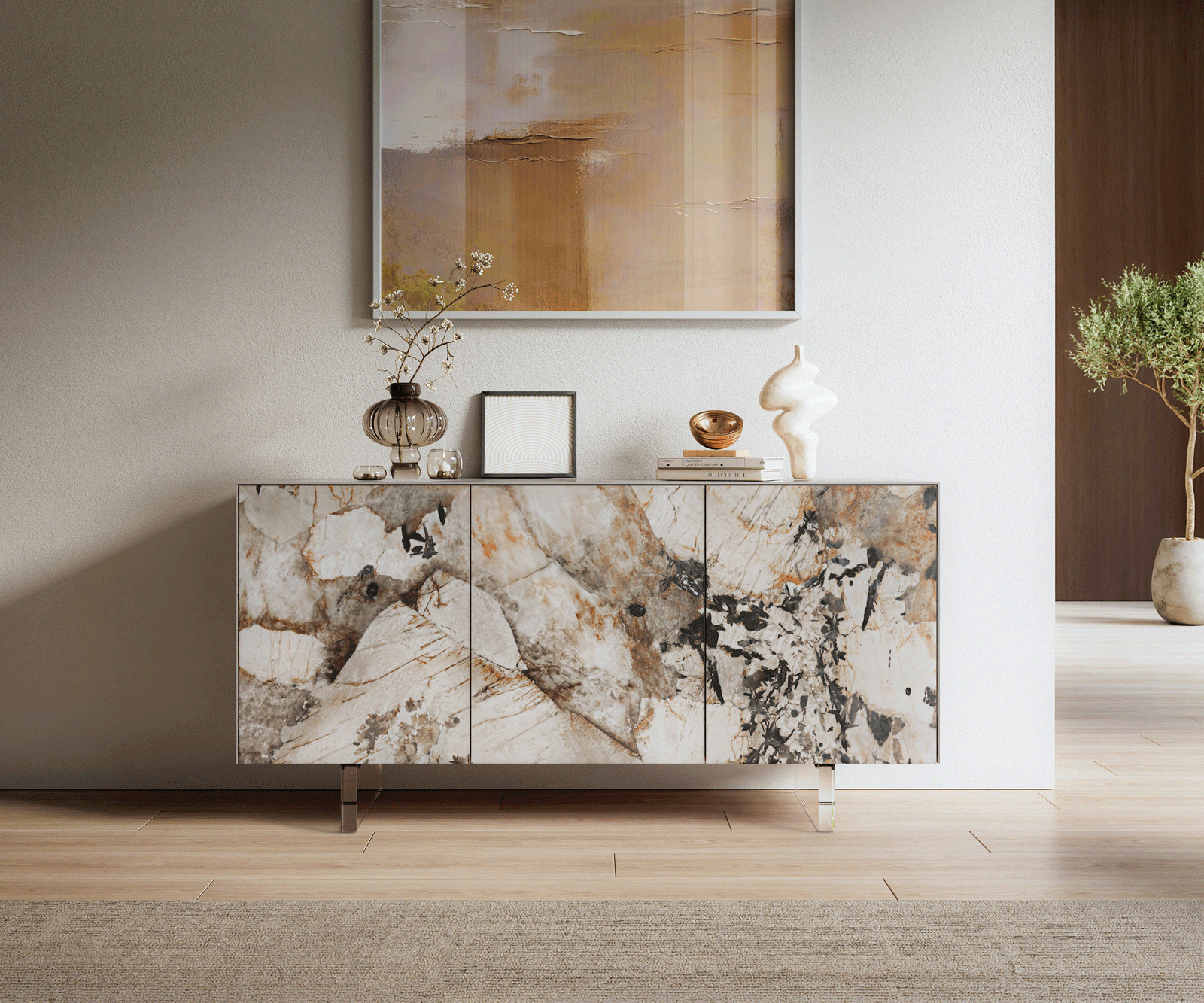 Sideboard Cuor 150 cm Keramik Patagonia Poliert 3 Türen Fuß Schwebeoptik Acrylglas 2