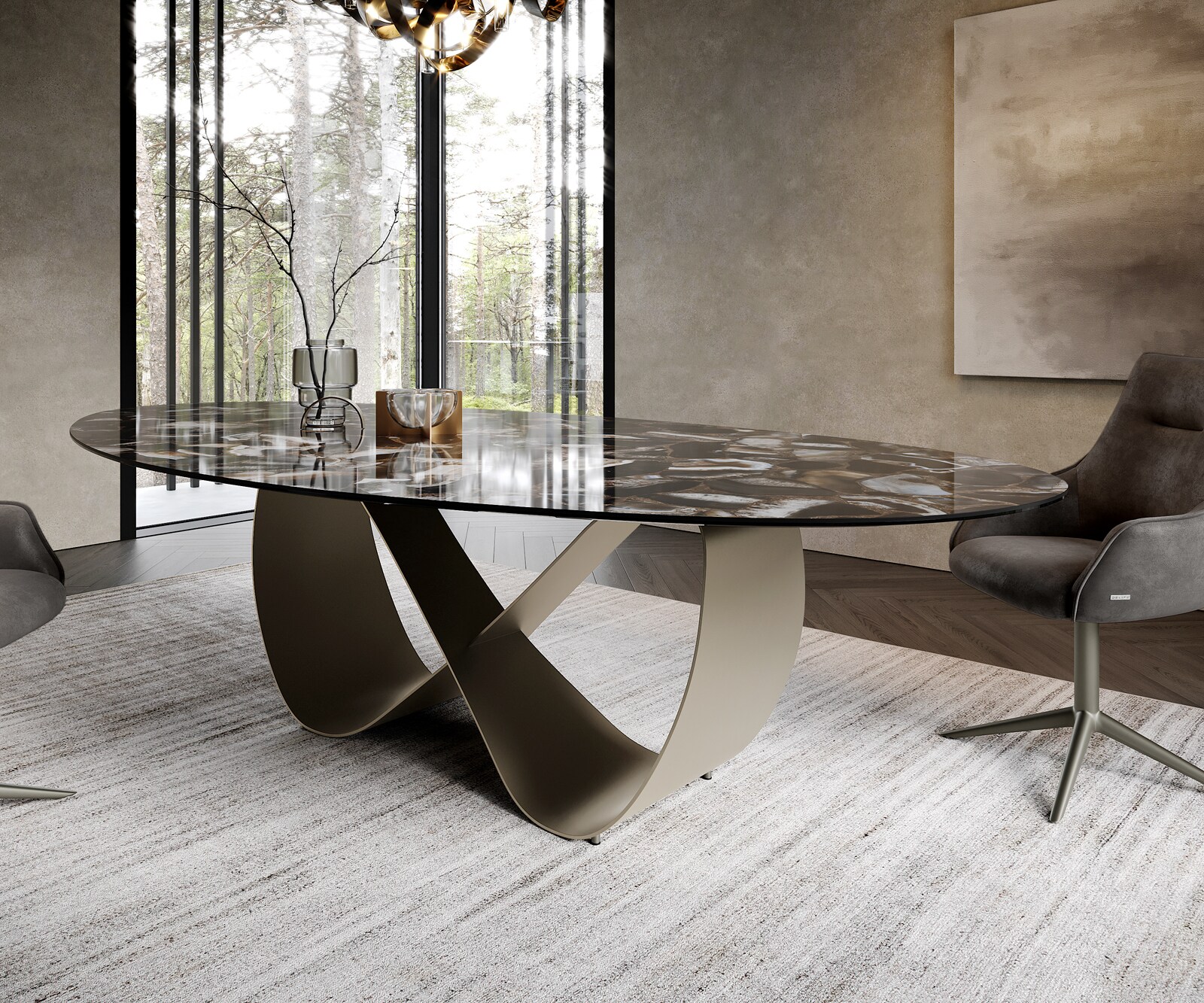 Esstisch Edge Oval 280x130 cm Keramik Iris FMG Agatablack Infinity Metall Effektfinish Titan 6