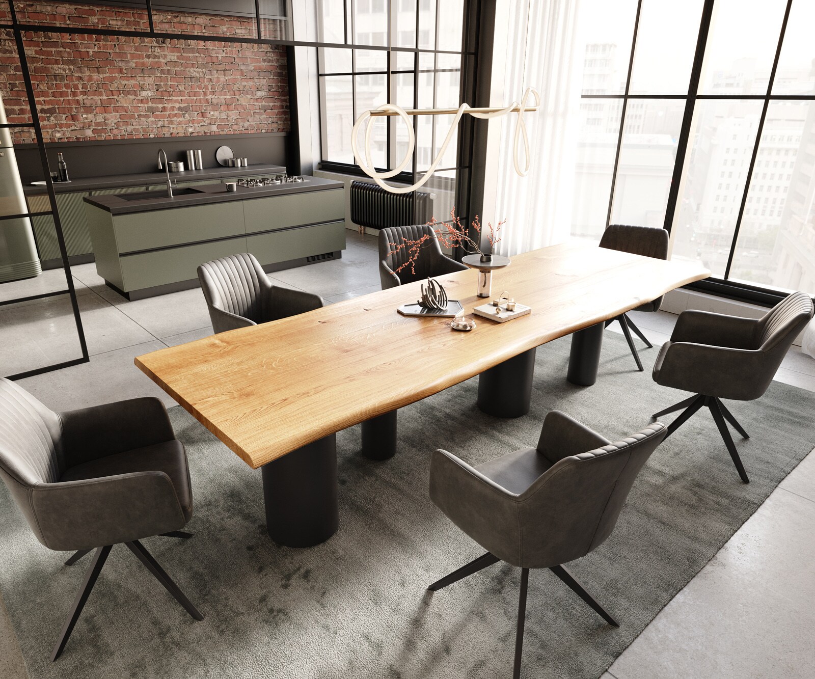 Esstisch Edge 300x100x4 Eiche Natur Pilier Metall Schwarz Live-Edge 4