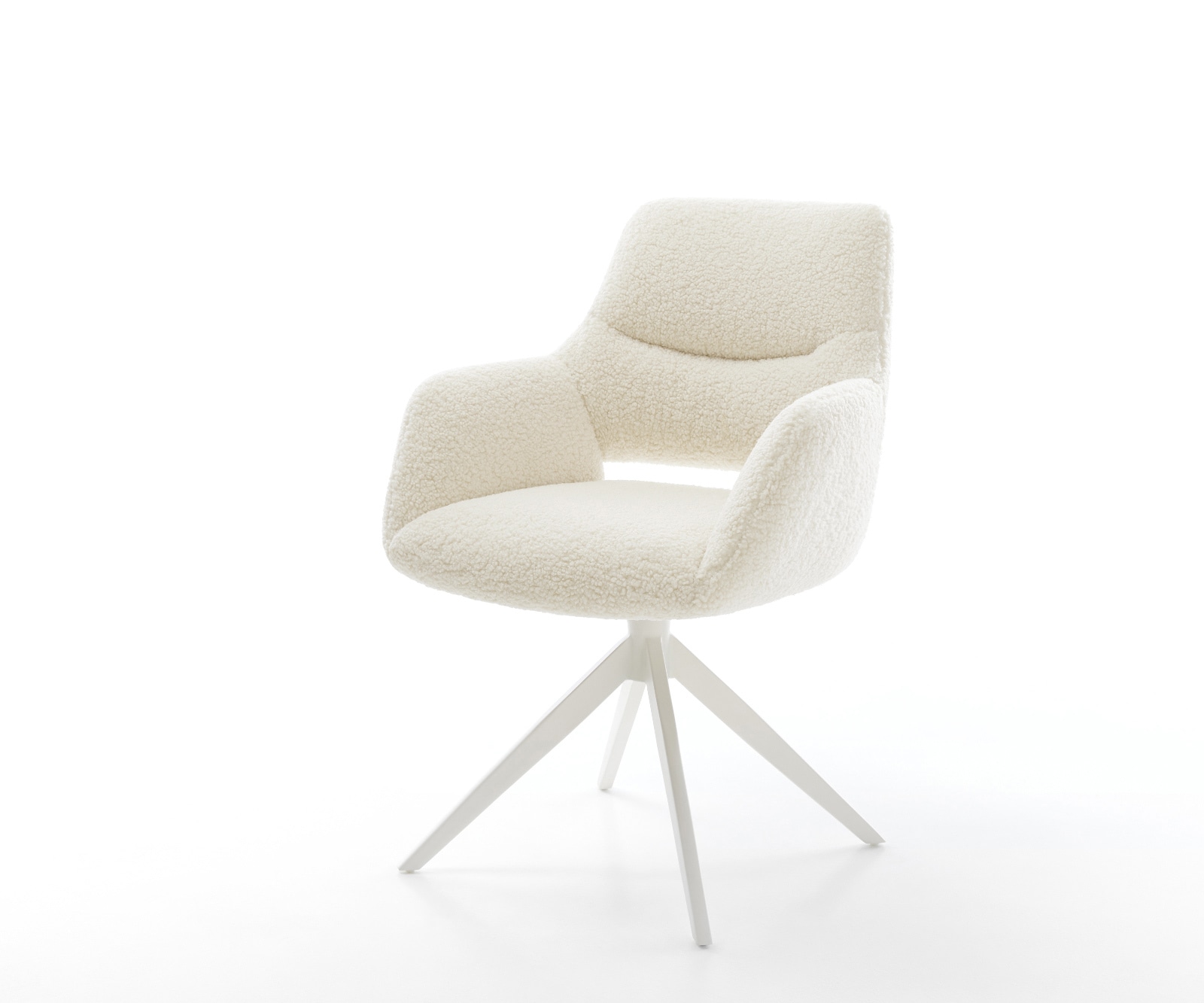 Drehstuhl Yago-Flex mit Armlehnen Teddystoff Beige Kreuzgestell breit Weiß 360° drehbar Wippfunktion Taschenfederkern