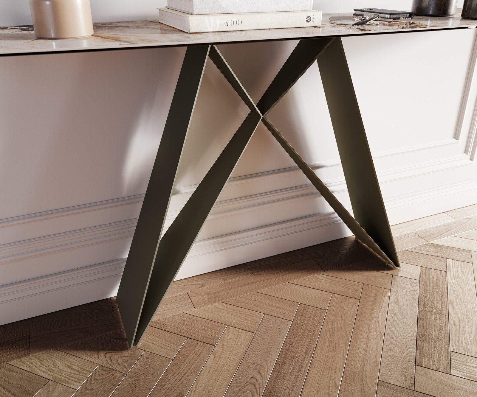 Konsolentisch Edge Boot 180x40 cm Keramik Patagonia Poliert Velio Metall Effektfinish Titan 5
