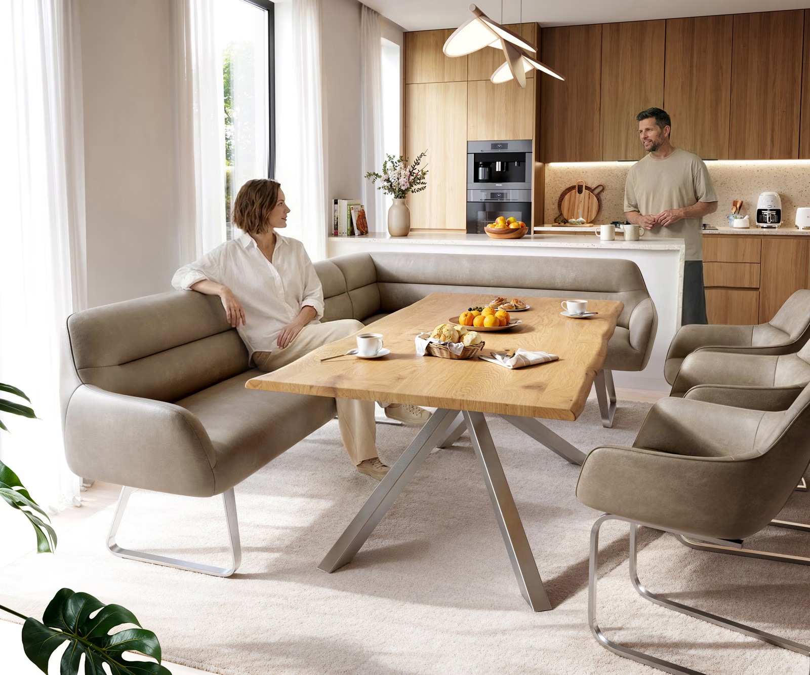 Esszimmerbank Taya-Flex 285x190 cm Mikrofaser Beige Vintage Kufengestell flach Edelstahl Taschenfederkern Rechts