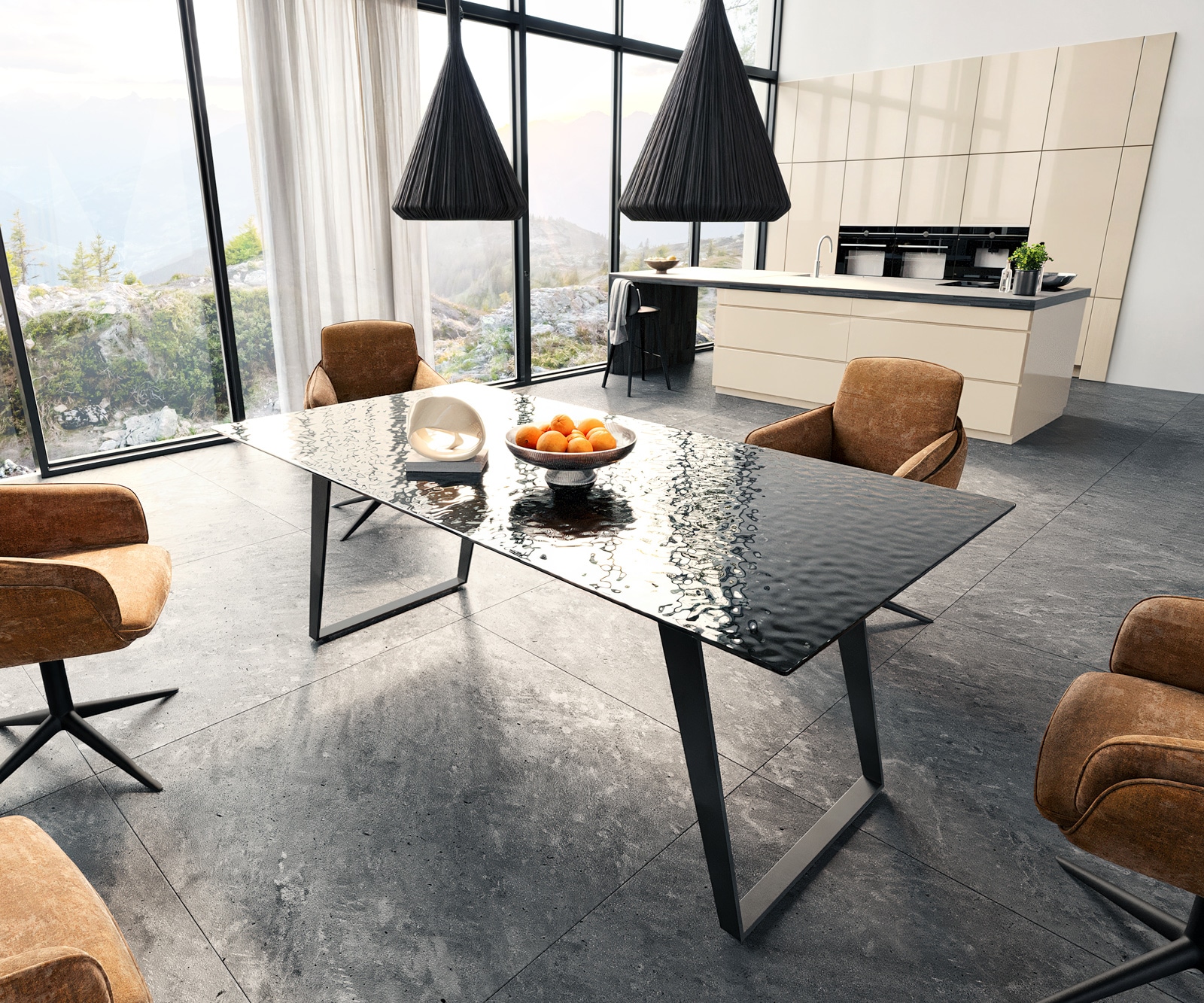Esstisch Edge 200x100 Reliefglas Rauchschwarz 3D-Design Metall Schräg Schwarz Esstisch Edge 200x100 Reliefglas Rauchschwarz 3D-Design Metall Schräg Schwarz