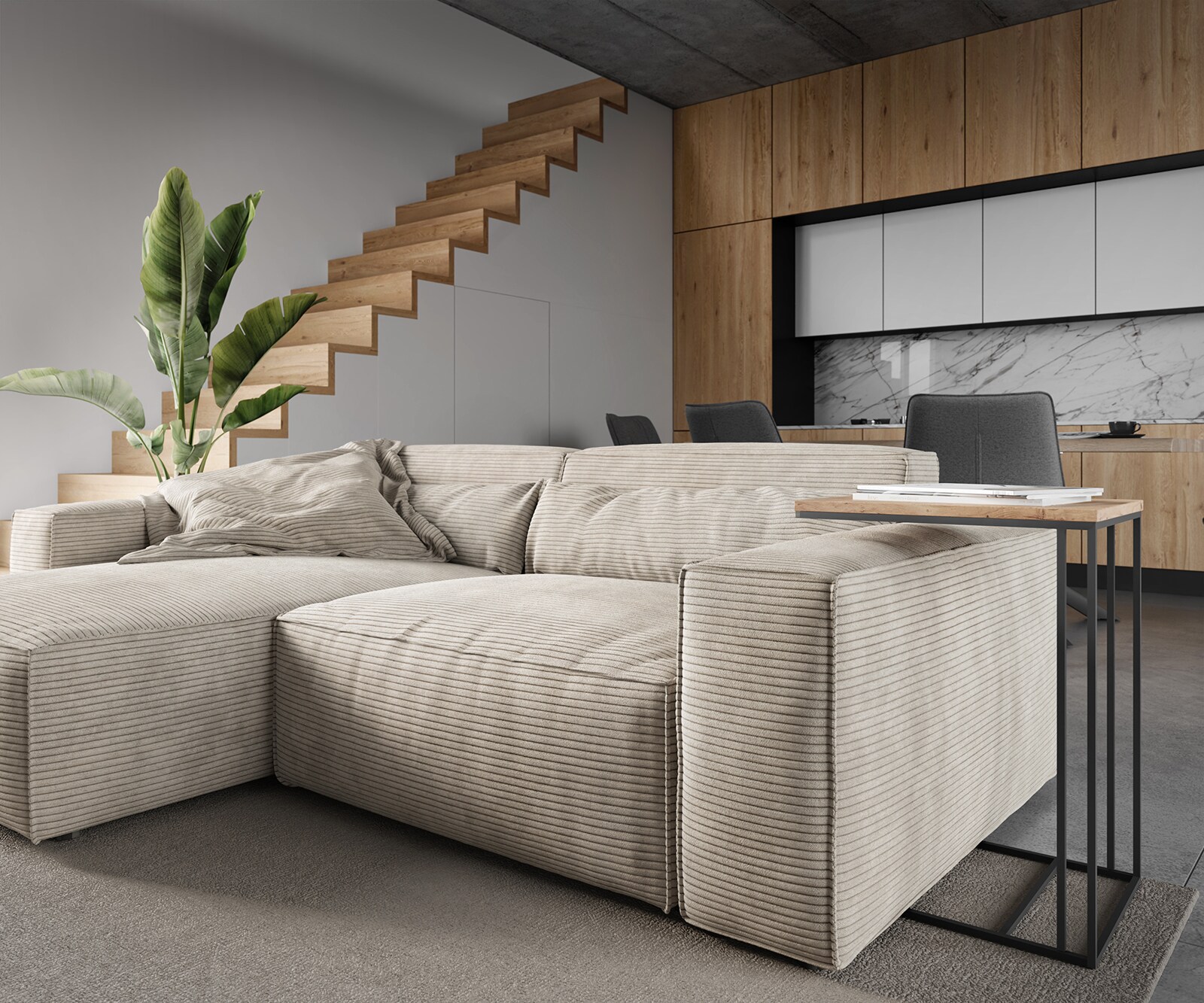 Ecksofa Sirpio 230x155 cm Cord Beige Recamiere variabel mit Hocker 4