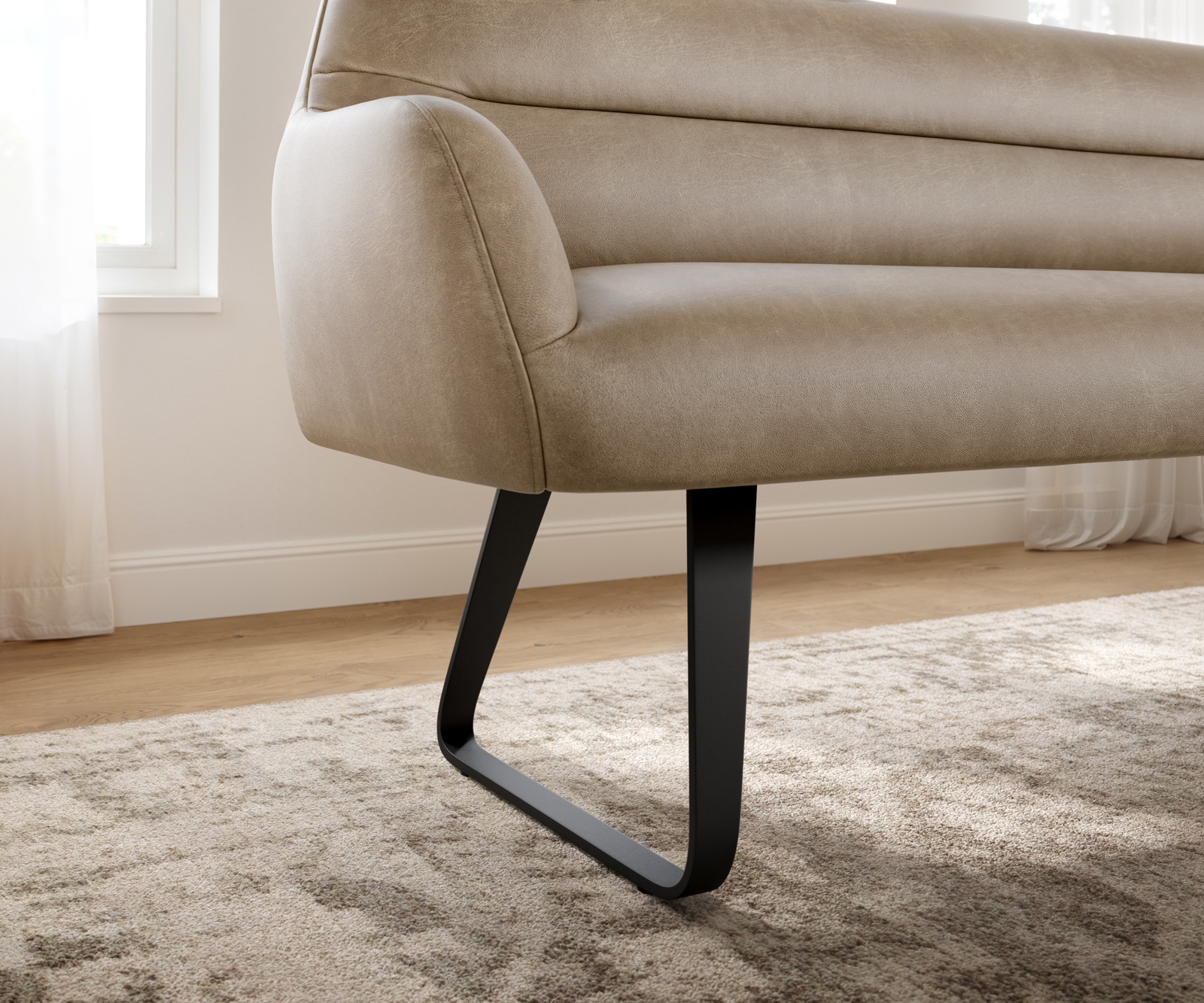 Esszimmerbank Taya-Flex 200 cm Mikrofaser Beige Vintage Kufengestell flach Schwarz Taschenfederkern 4