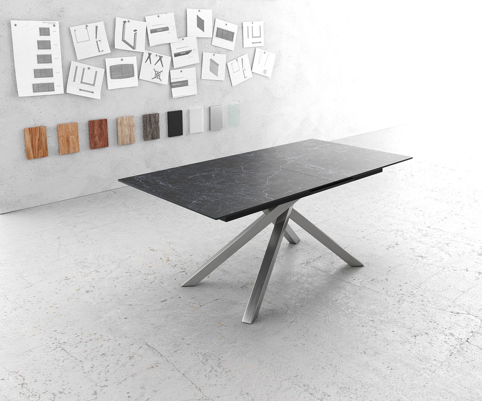Esstisch Edge 180-220x100cm Keramik Laminam®Nero Greco Anthrazit Kreuzgestell Rechteck Edelstahl ausziehbar 1