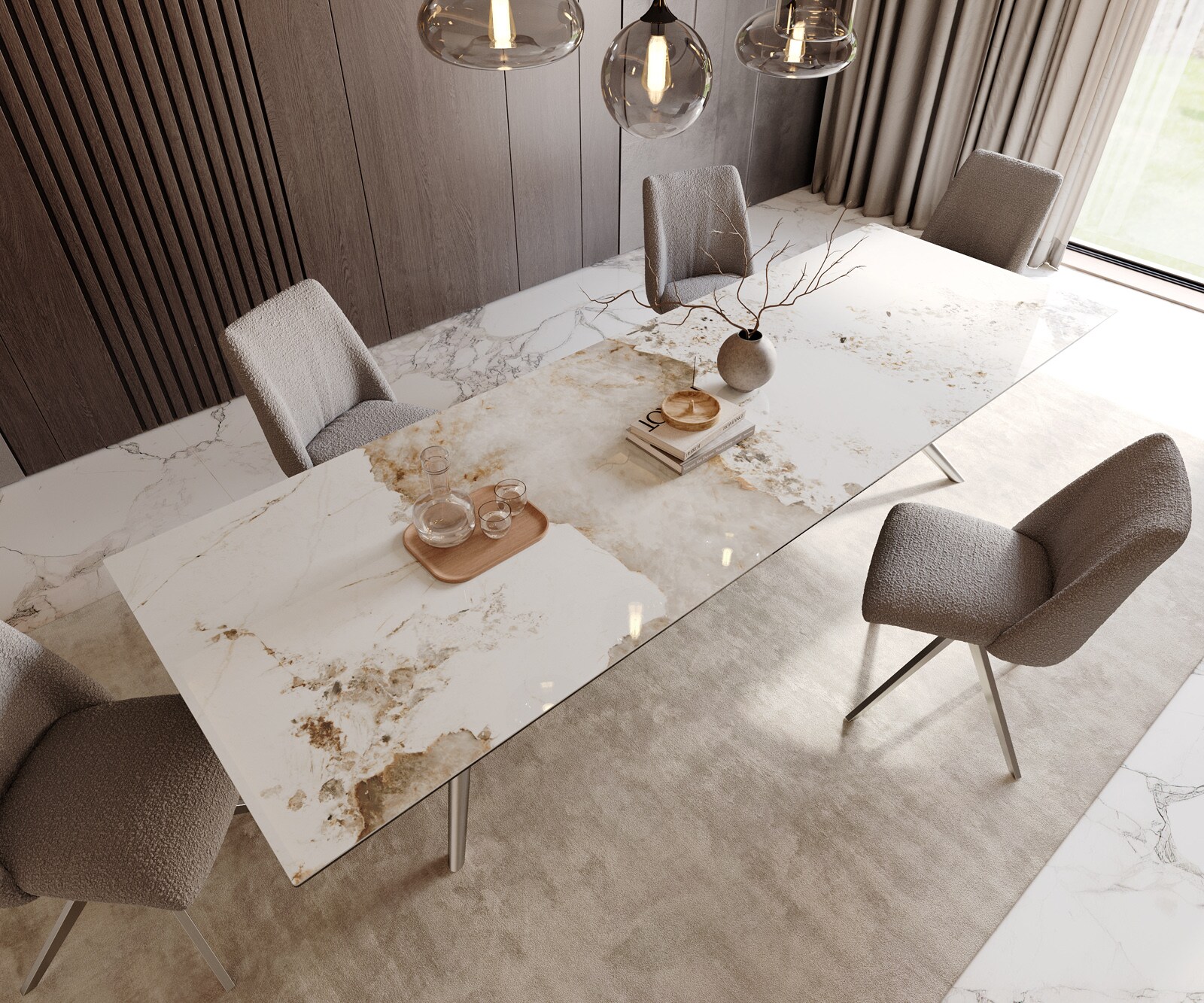 Esstisch Edge 300x100 Keramik Minas Melange Weiß-Beige Estelar rund Edelstahl 4