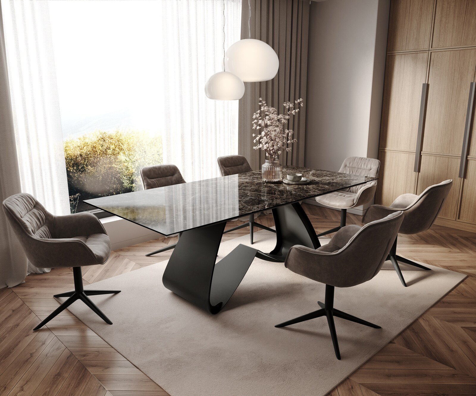 Esstisch Edge 180-220x100 Keramik Laminam® Emperador Extra Lucidato Dunkelbraun W-Gestell Schwarz ausziehbar 6