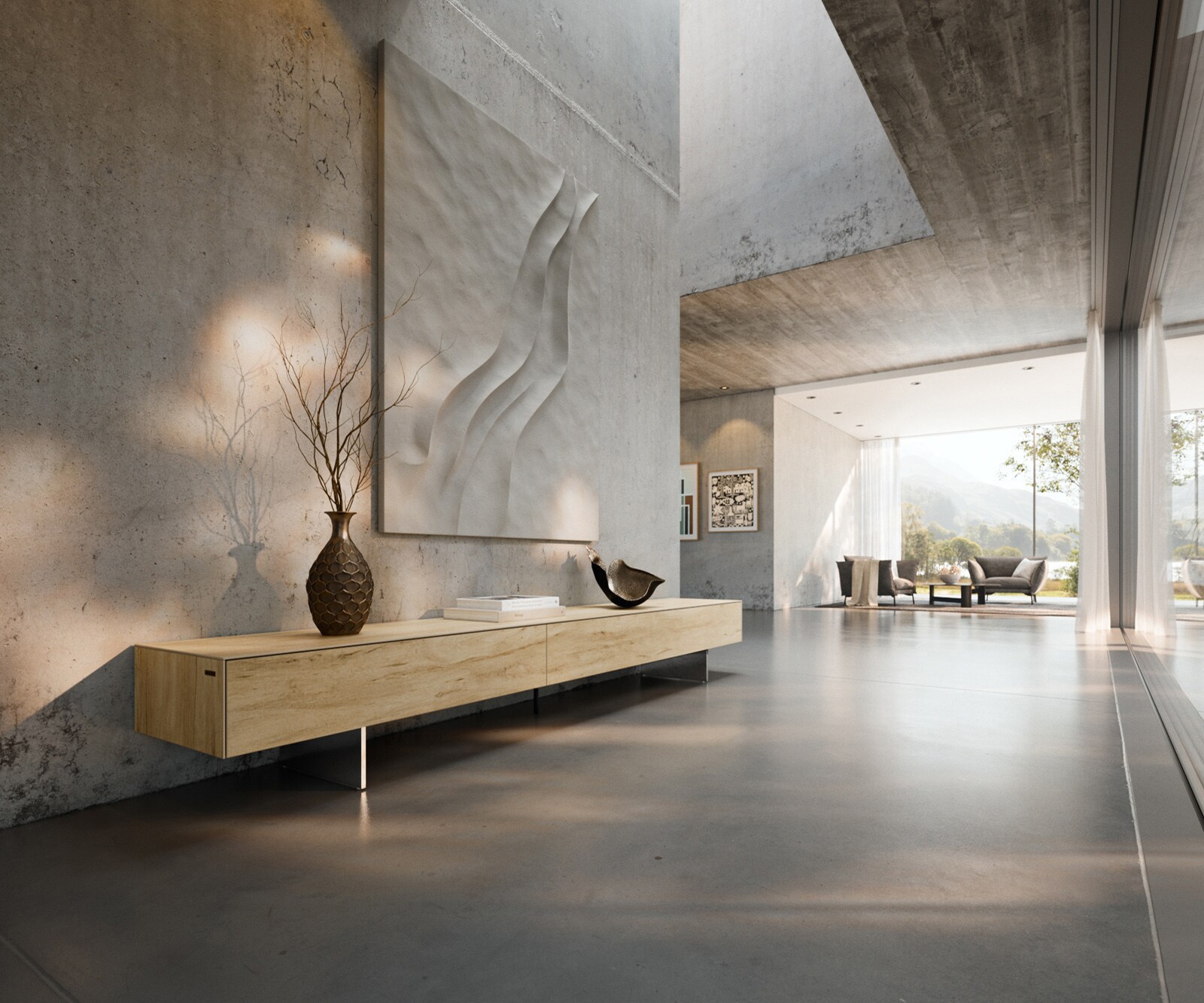 Lowboard Cuor 250 cm Keramik Laminam® Sabbia Eichefarbig 1 Klappe 1 Schubfach Fuß Schwebeoptik Edelstahl