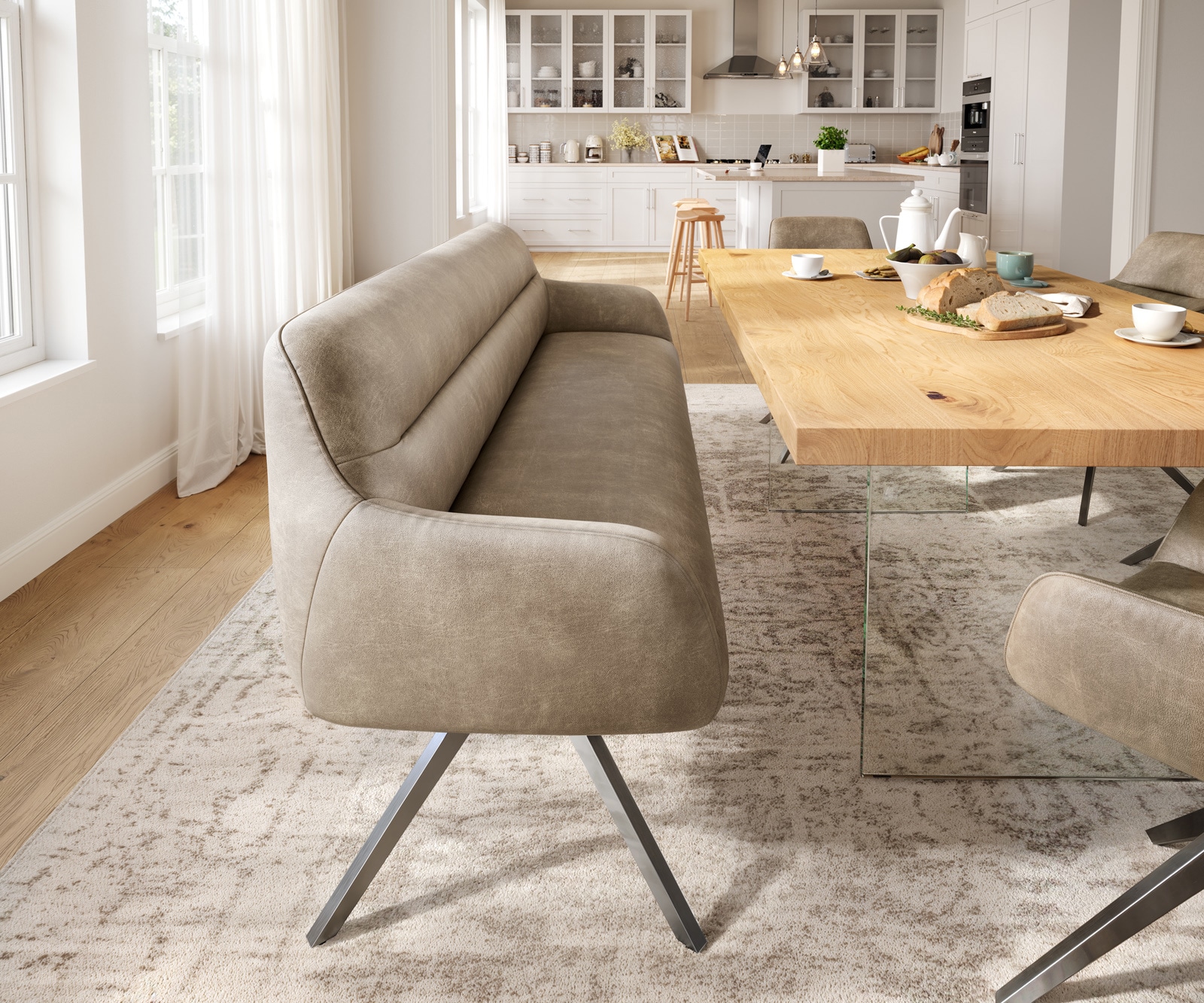 Esszimmerbank Taya-Flex 200 cm Mikrofaser Beige Vintage Kreuzgestell kantig Graphit Taschenfederkern 1