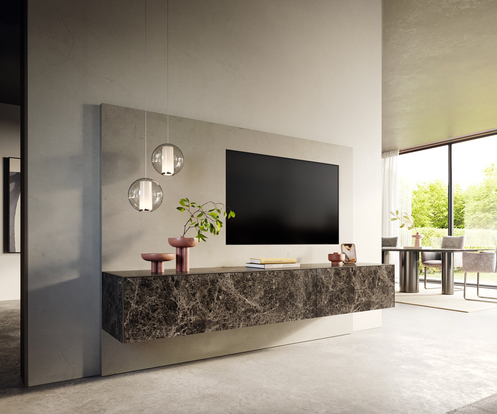 Lowboard Cuor 220 cm Keramik Laminam® Emperador Extra Lucidato Dunkelbraun 1 Klappe 2 Schubfächer Schwebend