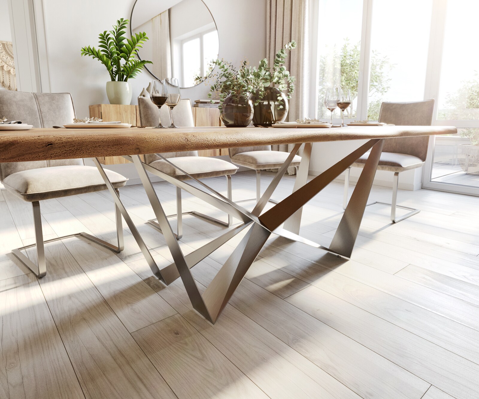 Esstisch Edge 240x100 Akazie Natur Spider Flachstahl Edelstahl Live-Edge 4