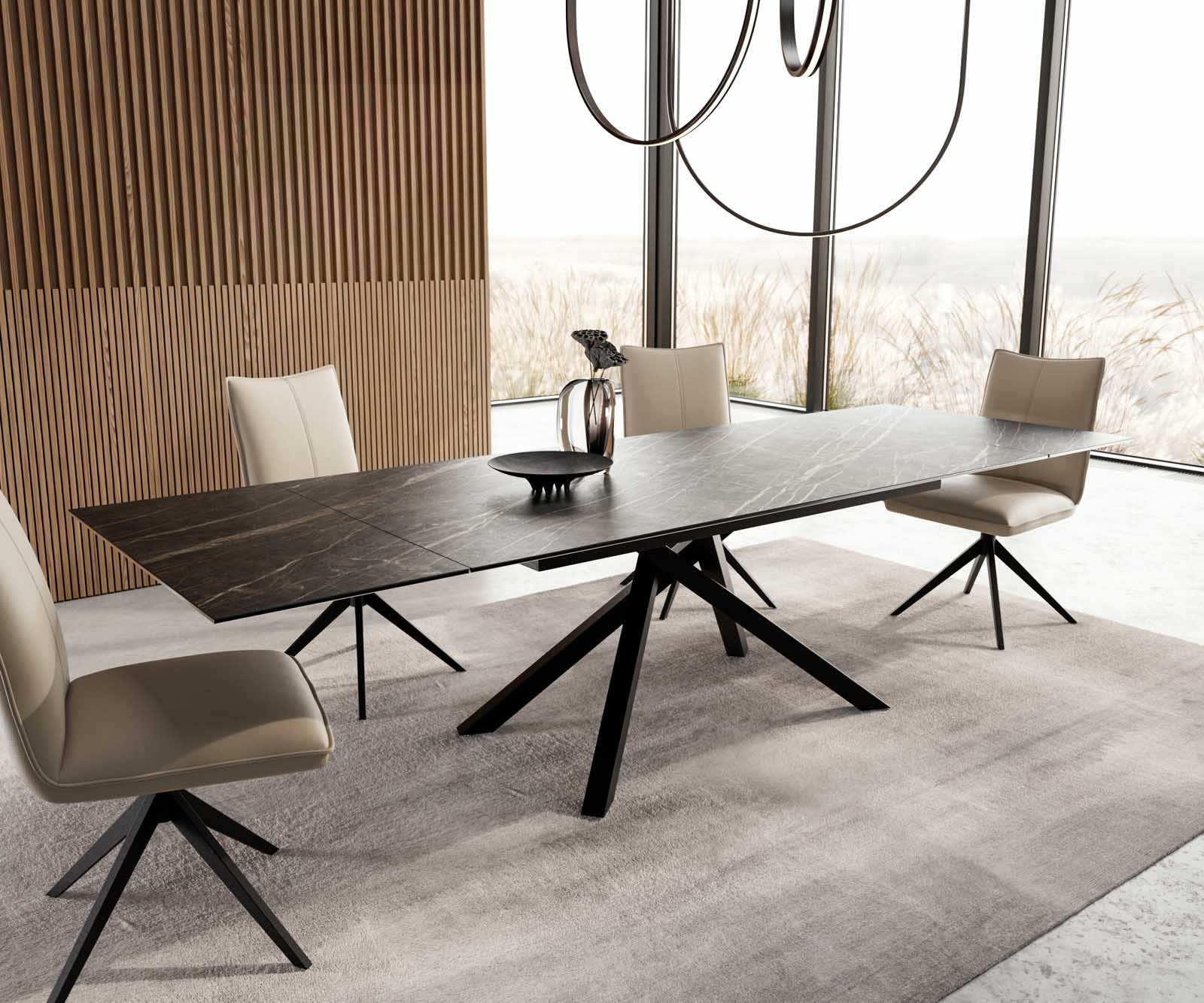 Esstisch Edge 200-300x100 Keramik Laminam®Noir Desir Braun Kreuzgestell Rechteck Schwarz ausziehbar 6