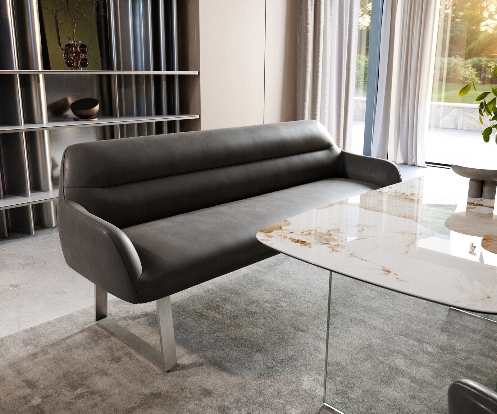 Esszimmerbank Taya-Flex 200 cm Mikrofaser Anthrazit Vintage Kufengestell kantig Edelstahl Taschenfederkern