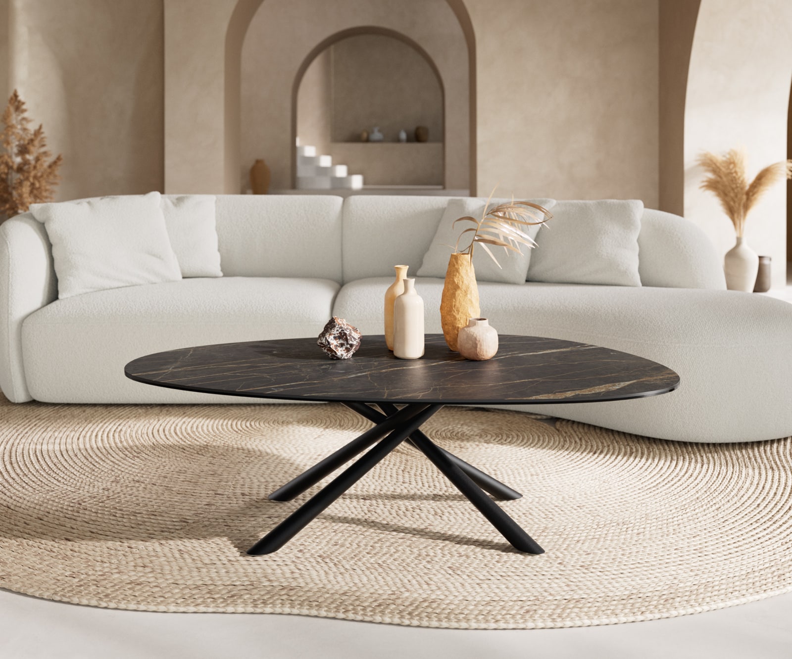 Couchtisch Edge Oval 140x75 cm Keramik Laminam® Noir Desir Braun Sarity Metall Schwarz 1