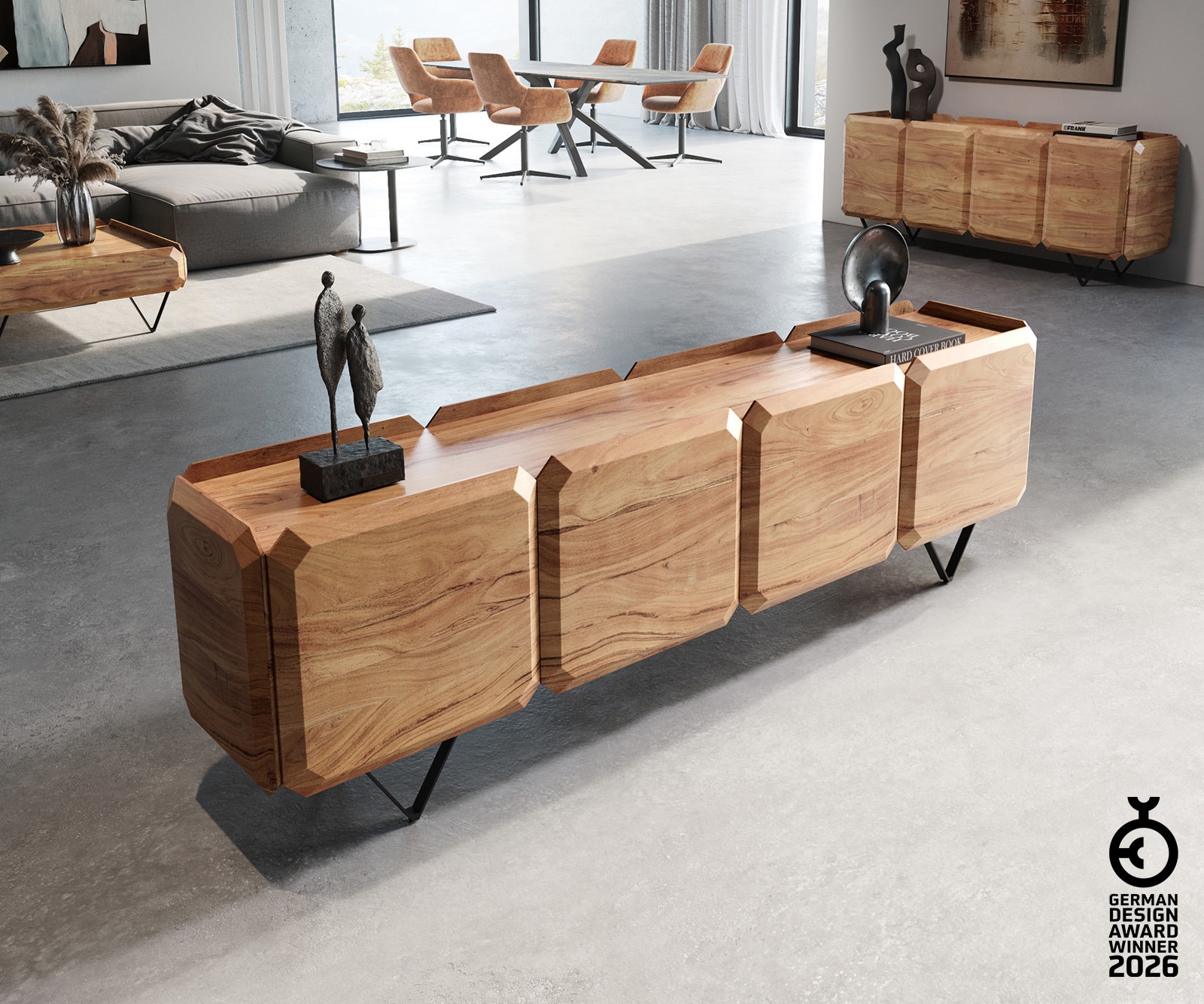 DELIFE TV-meubel Kiano 200 cm, acacia natuur, 4 deuren, V-vormige pooten, zwart, ruimteverdeler