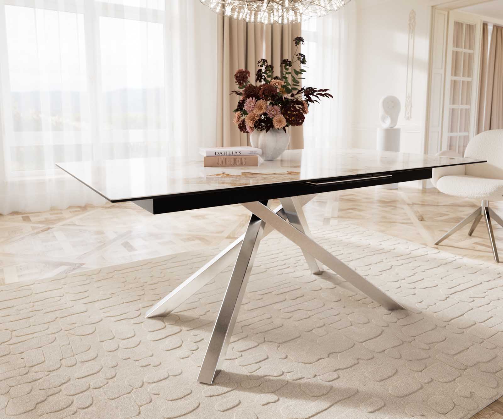 Esstisch Edge 180-220x100 Keramik Minas Melange Weiß-Beige Kreuzgestell Rechteck Edelstahl ausziehbar 5 Esstisch Edge 180-220x100 Keramik Minas Melange Weiß-Beige Kreuzgestell Rechteck Edelstahl ausziehbar 5