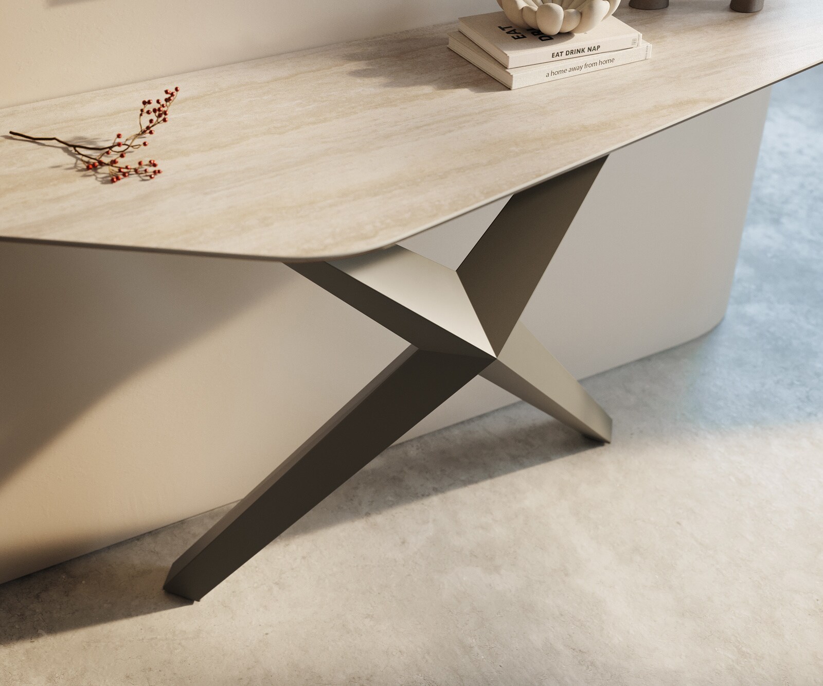 Konsolentisch Edge Polygonal 140x50 cm Keramik Laminam® Travertino Bianco Creme-Weiß Zentharo Metall Effektfinish Titan 5