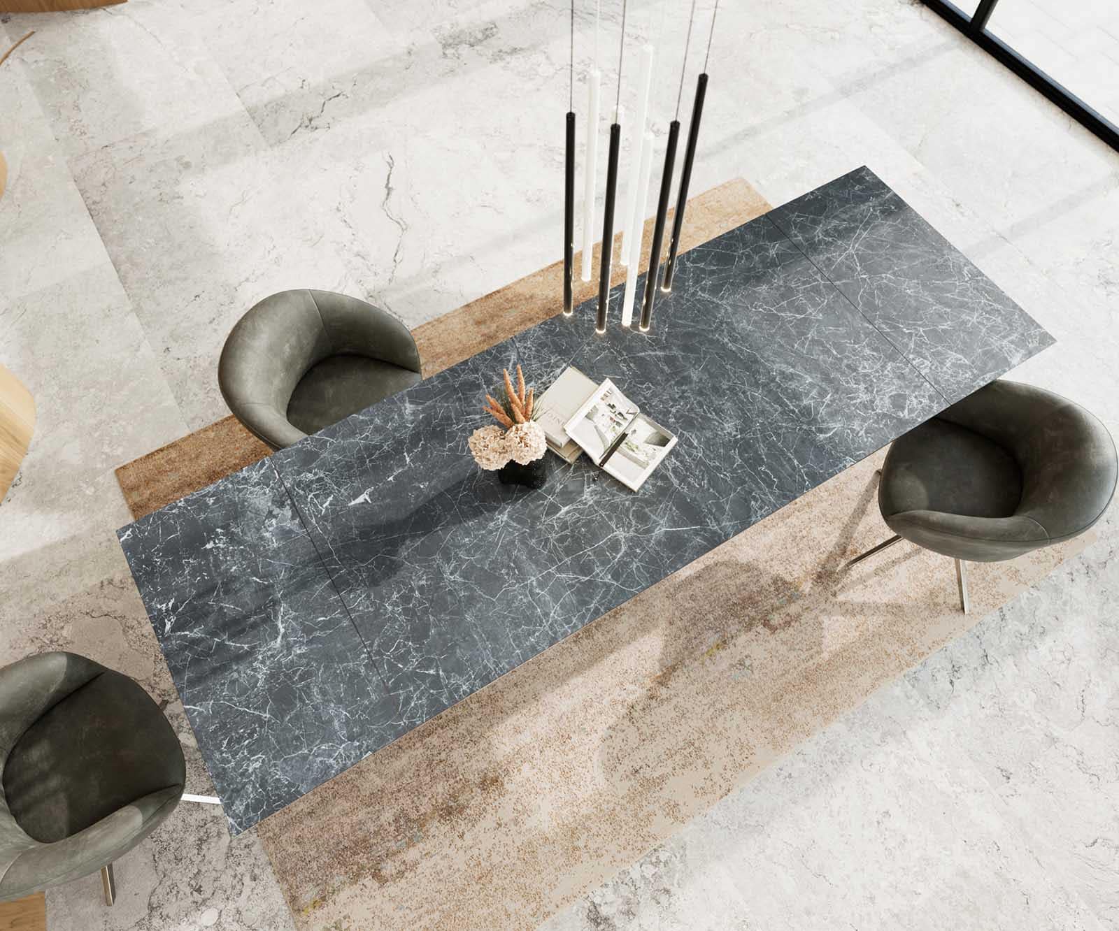 Esstisch Edge 200-300x100 Keramik Laminam®Nero Greco Anthrazit Kreuzgestell Rechteck Edelstahl ausziehbar 3 Esstisch Edge 200-300x100 Keramik Laminam®Nero Greco Anthrazit Kreuzgestell Rechteck Edelstahl ausziehbar 3