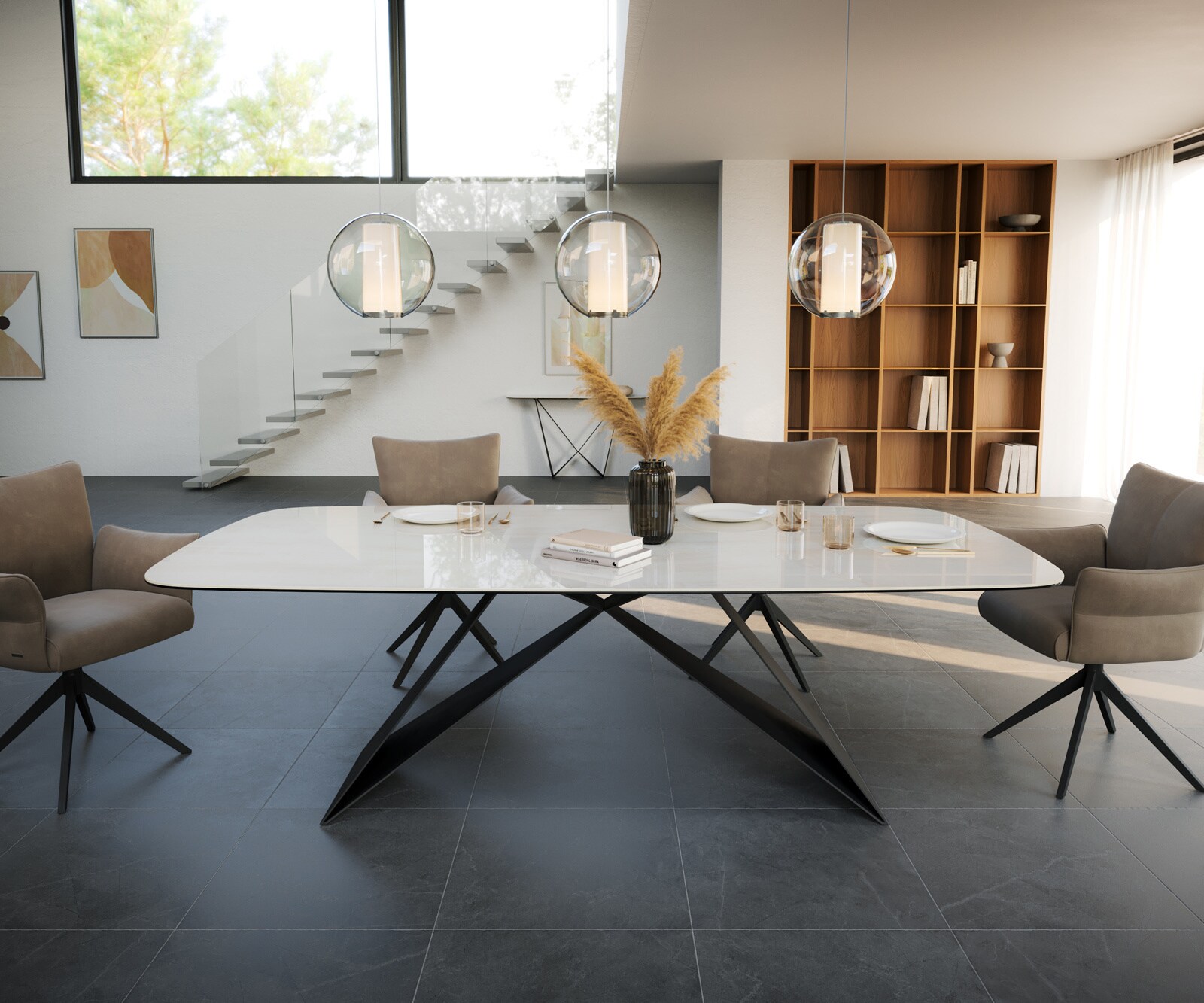 Esstisch Edge Boot 240x120 cm Keramik Onyx Champagne V-Gestell Flachstahl Schwarz 1