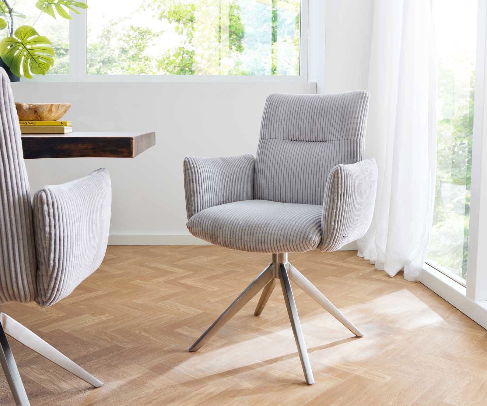 Drehstuhl Jova-Flex mit Armlehnen Cord Silbergrau Kreuzgestell breit Edelstahl 360° drehbar Taschenfederkern