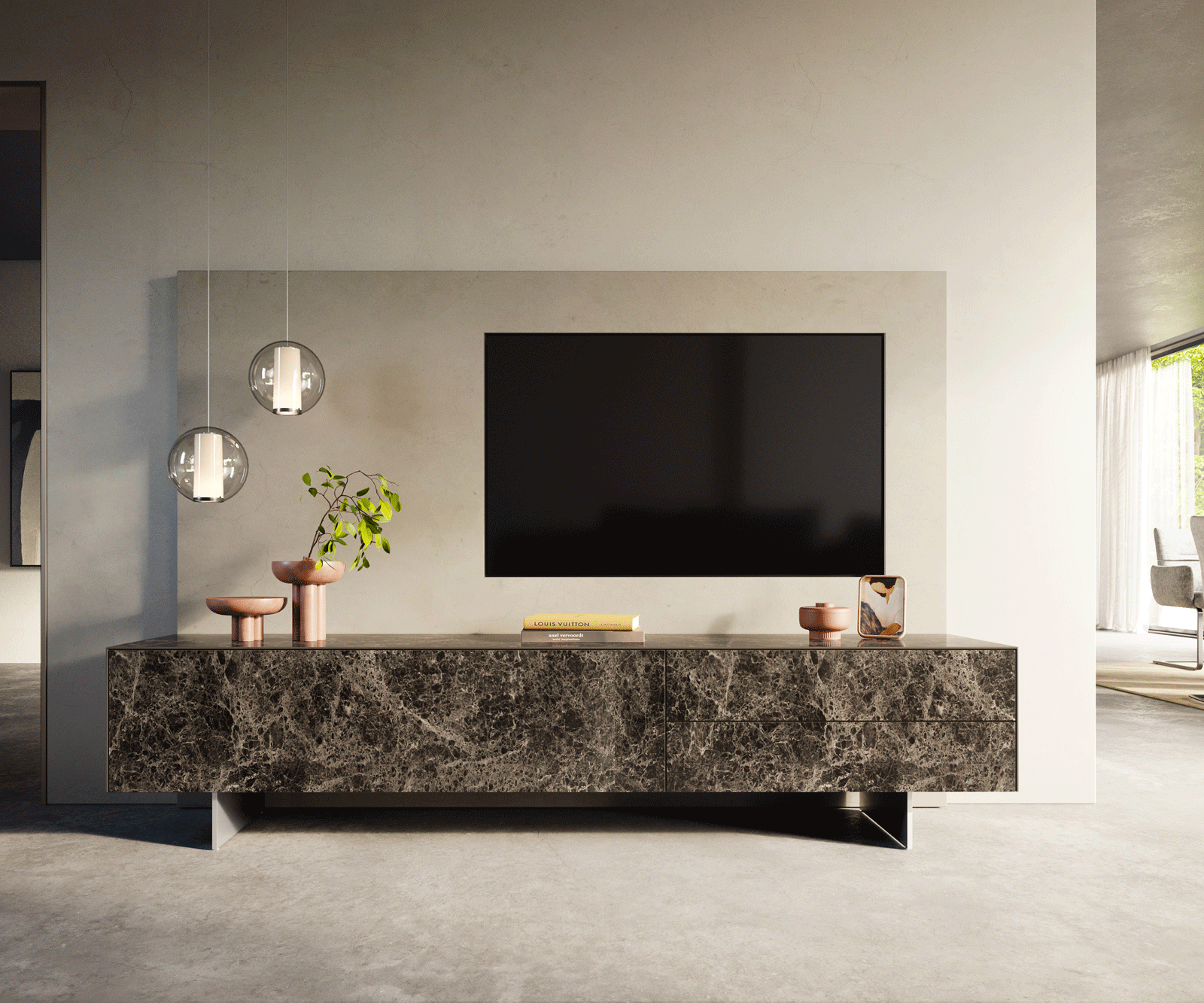 Lowboard Cuor 220 cm Keramik Laminam® Emperador Extra Lucidato Dunkelbraun 1 Klappe 2 Schubfächer Fuß Schwebeoptik Edelstahl 1