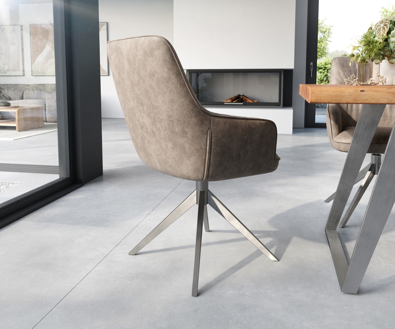 Esszimmerstuhl Zelia-Flex mit Armlehnen Mikrofaser Taupe Vintage Kreuzgestell breit Edelstahl Taschenfederkern 4 Esszimmerstuhl Zelia-Flex mit Armlehnen Mikrofaser Taupe Vintage Kreuzgestell breit Edelstahl Taschenfederkern 4