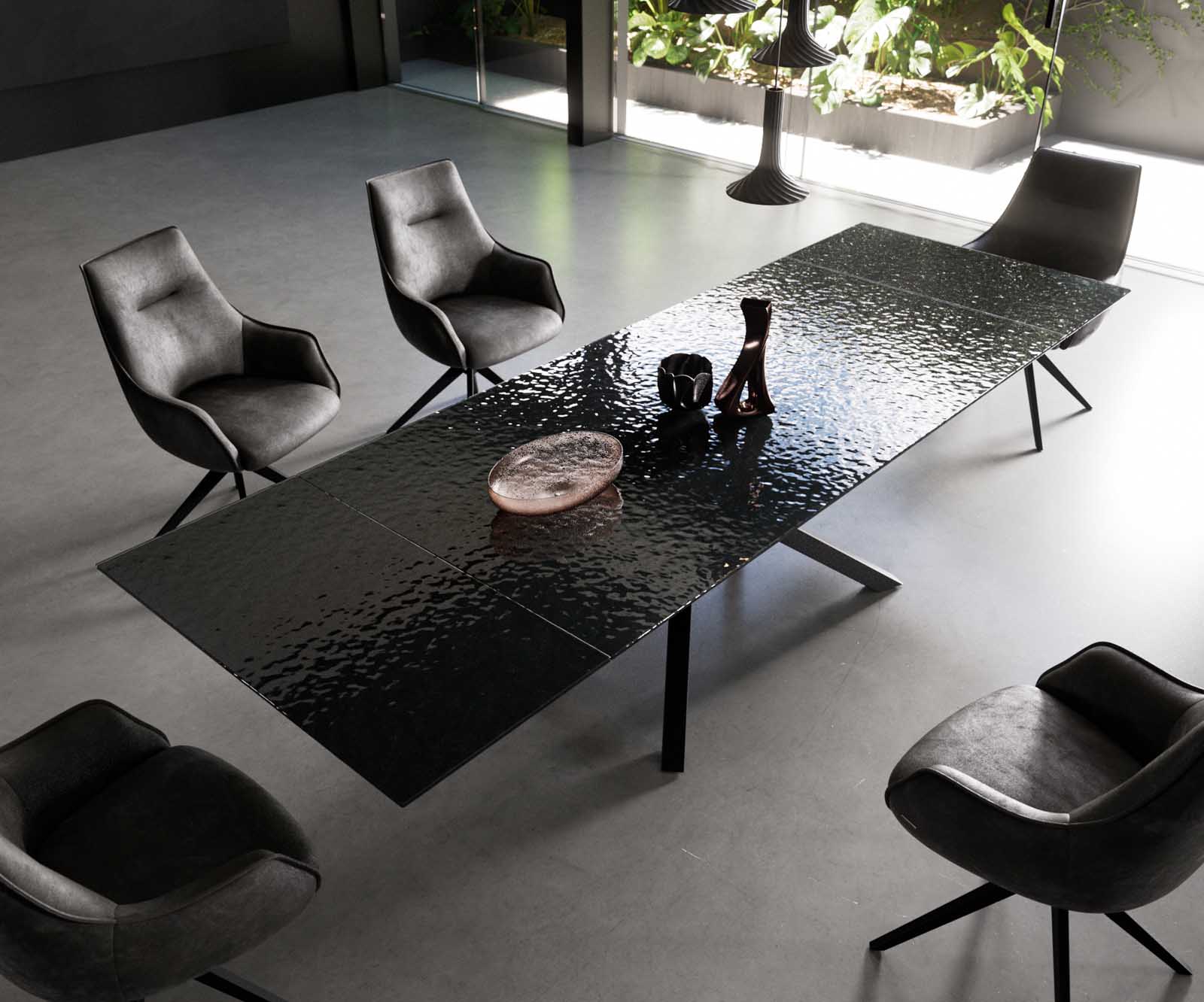 Esstisch Edge 200-300x100 Reliefglas Rauchschwarz 3D-Design Kreuzgestell Rechteck Schwarz ausziehbar 3 Esstisch Edge 200-300x100 Reliefglas Rauchschwarz 3D-Design Kreuzgestell Rechteck Schwarz ausziehbar 3